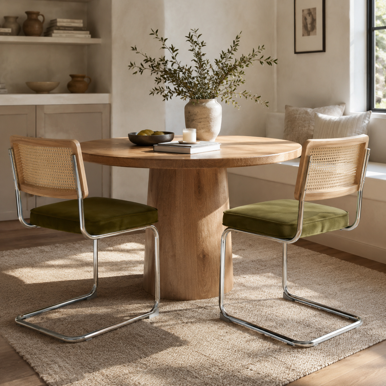 Tigris green velvet dining chair set in a cozy dining room with woven rug and natural light