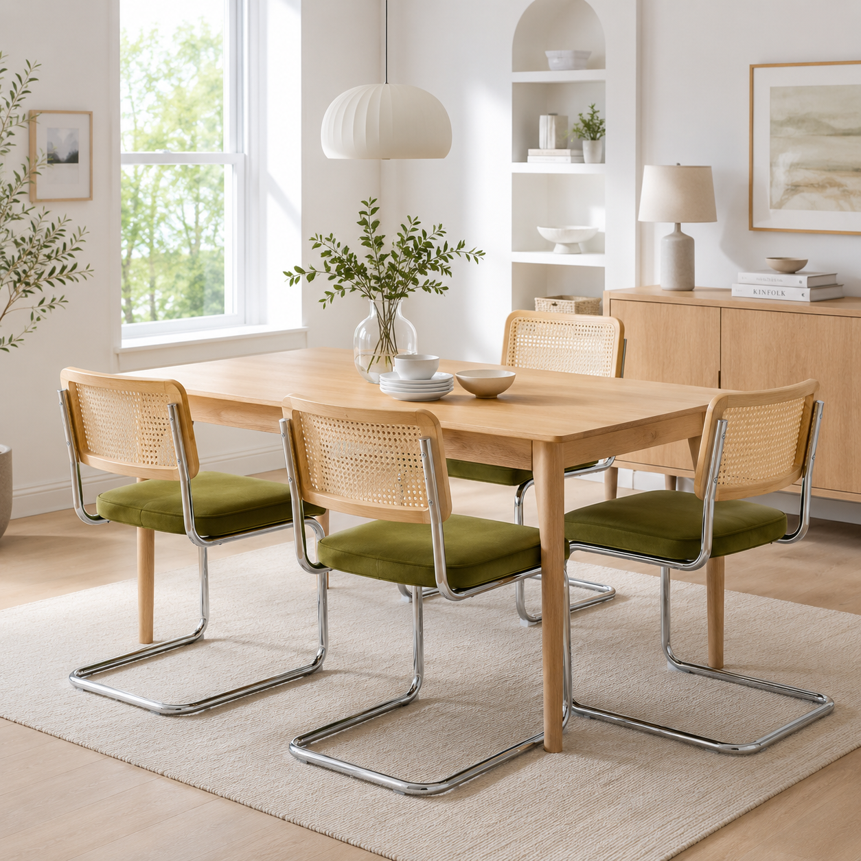 Tigris green velvet dining chair set in a cozy dining room with woven rug and natural light