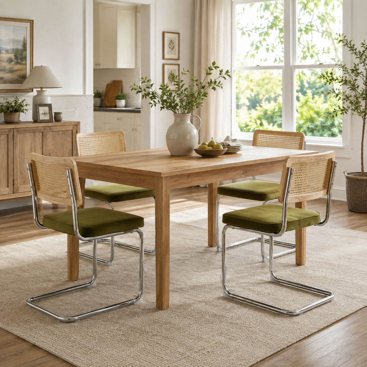 Tigris green velvet dining chair set in a cozy dining room with woven rug and natural light