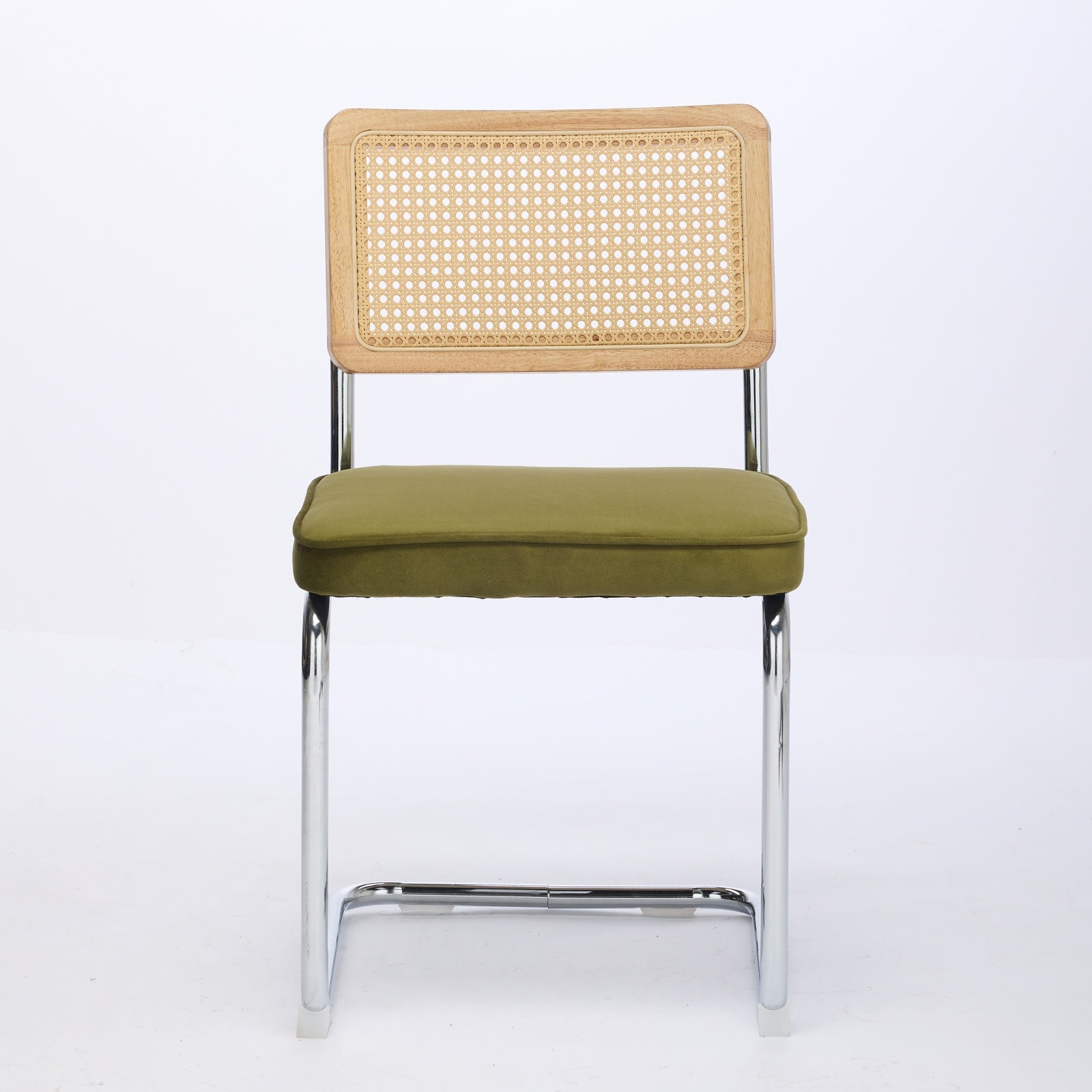 Tigris green velvet cantilever dining chair straight front view on white background