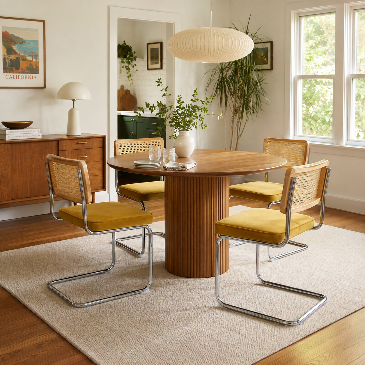 Tigris yellow dining chairs with cane backs in a cozy modern dining room
