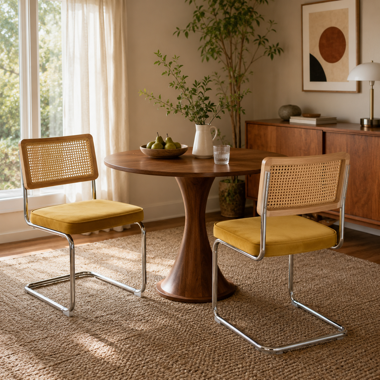 Tigris yellow velvet cantilever dining chairs with handwoven cane backs around a wood dining table
