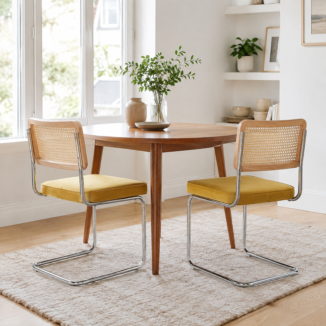 Tigris yellow velvet dining chairs in a bright dining room with warm natural wood furniture