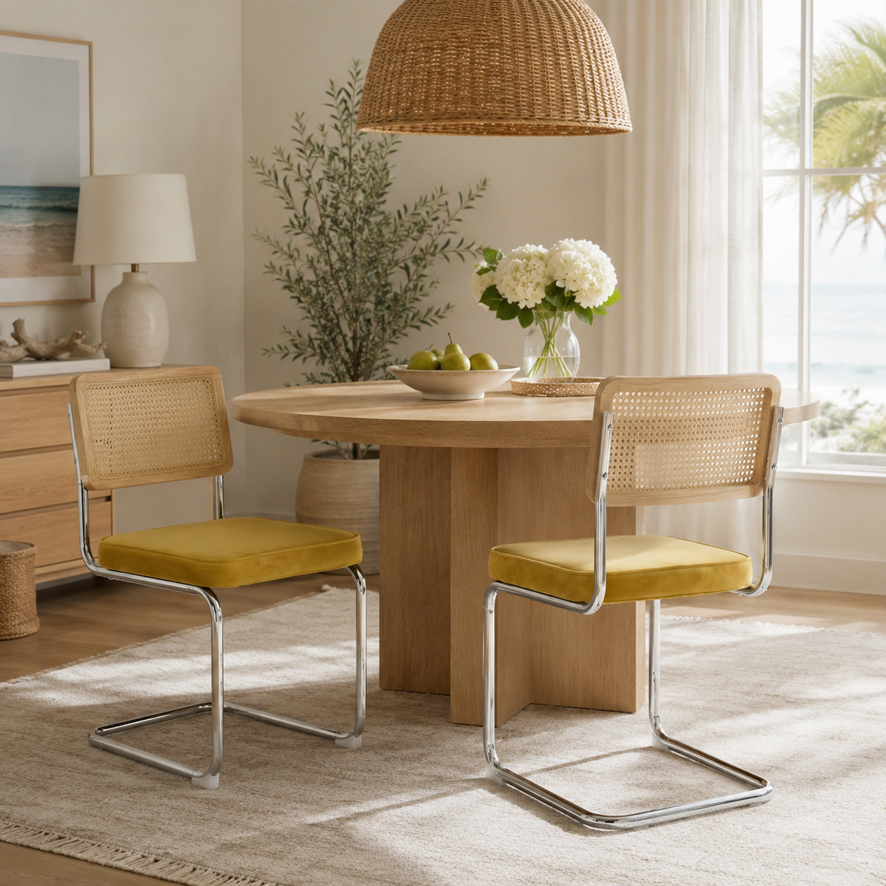 Tigris yellow cantilever dining chairs beside a round pedestal table in a cheerful dining space