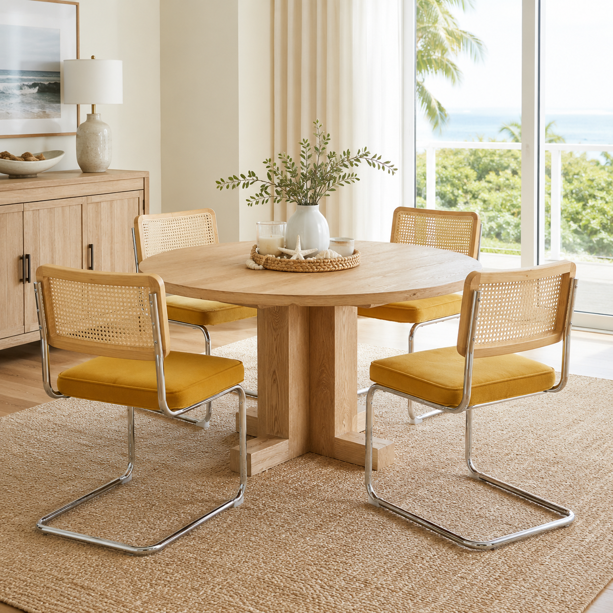 Tigris yellow dining chairs with cane backs in a cozy modern dining room