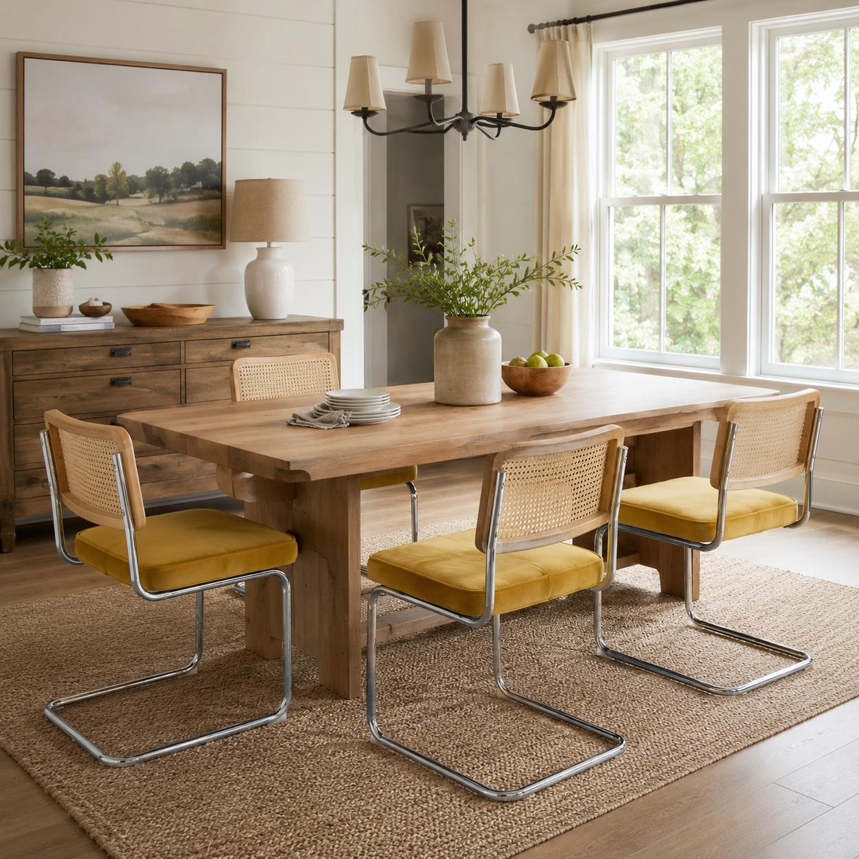 Tigris yellow dining chairs with cane backs in a cozy modern dining room