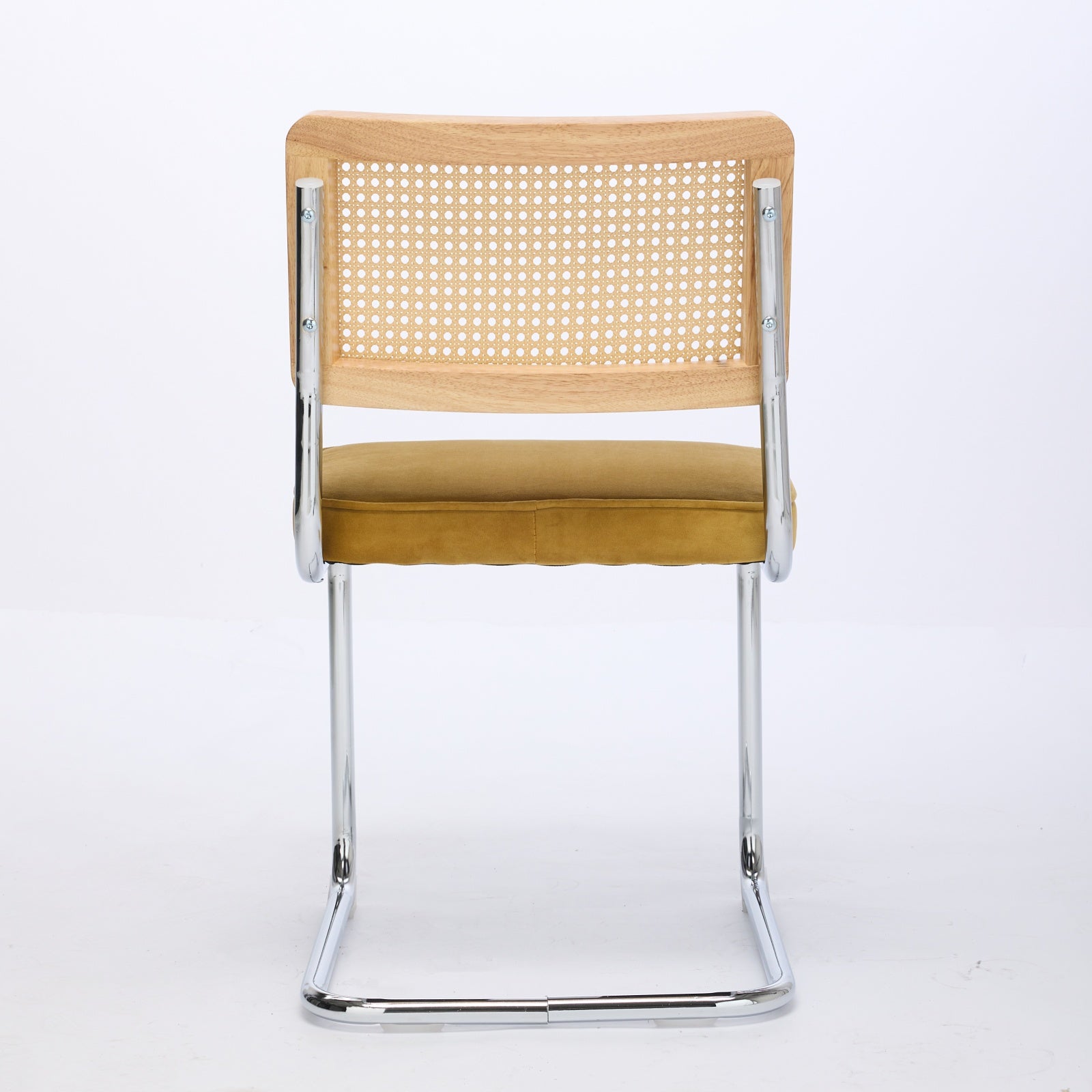 Tigris yellow dining chair rear view showing the cane backrest on white background