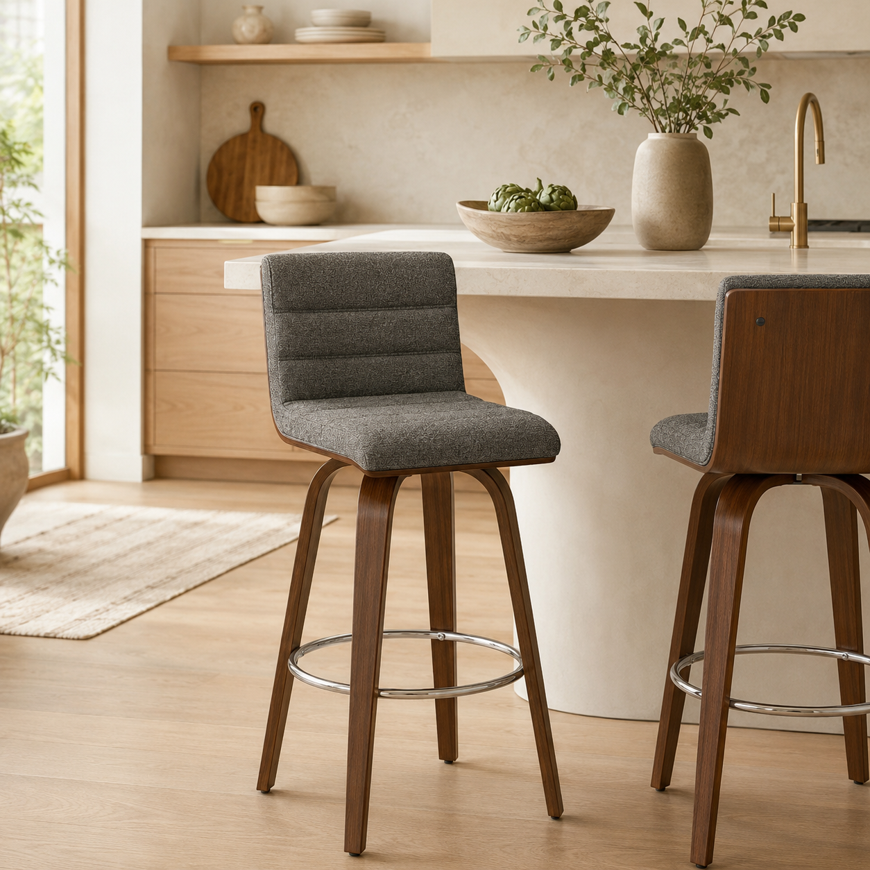 Tokaji 28.5" Mid-Century Linen Upholstered Swivel Bar Stool