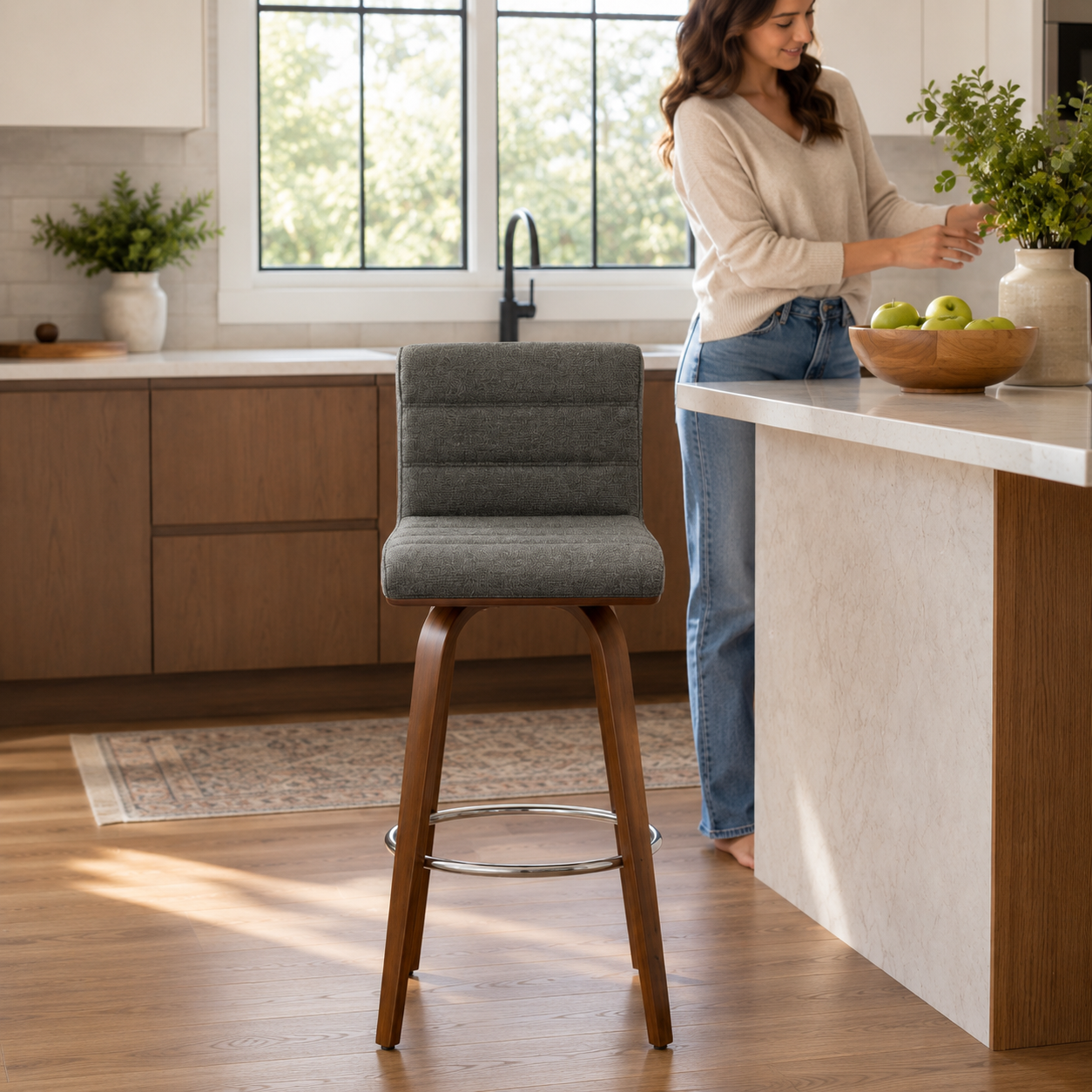 Tokaji 28.5" Mid-Century Linen Upholstered Swivel Bar Stool