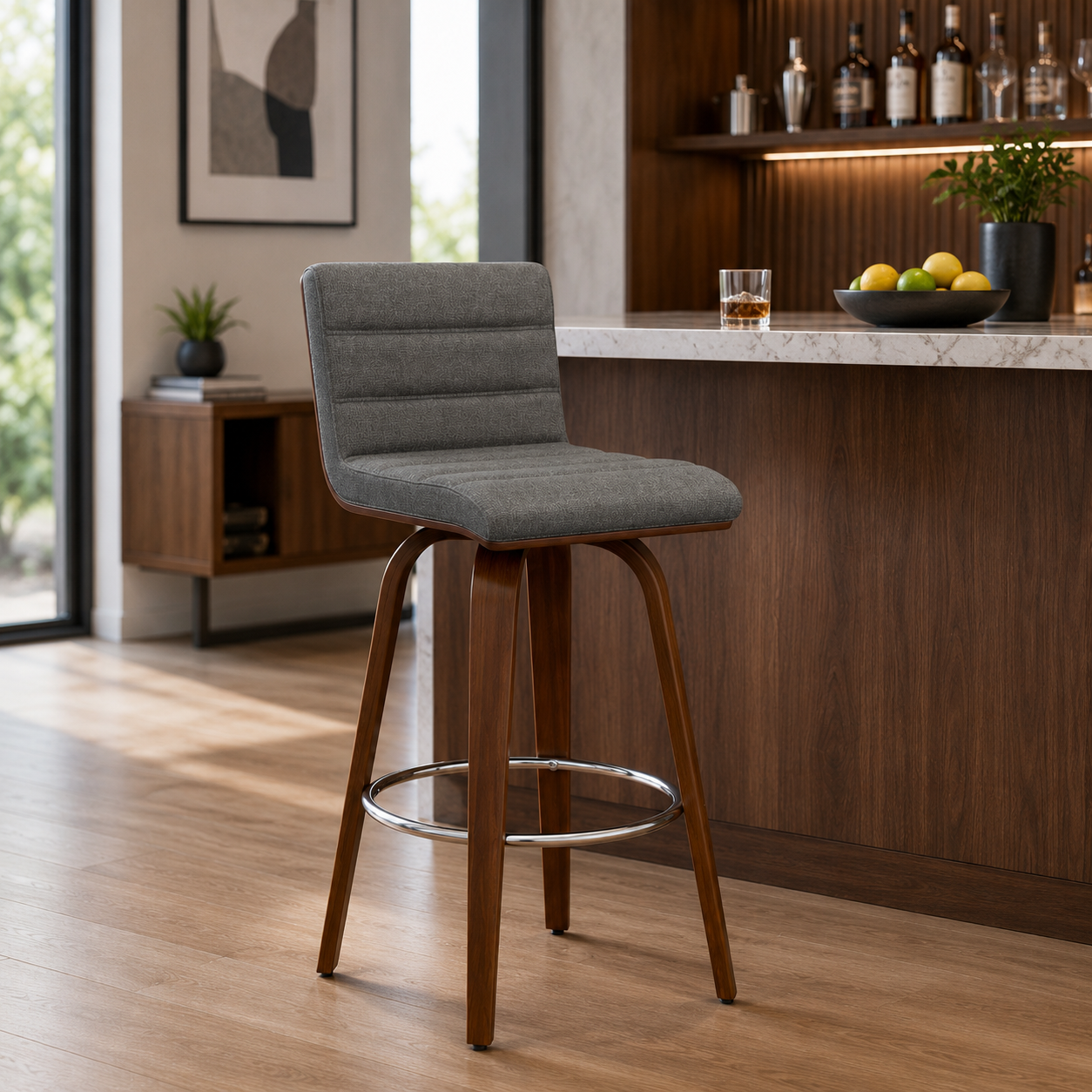 Tokaji 28.5" Mid-Century Linen Upholstered Swivel Bar Stool