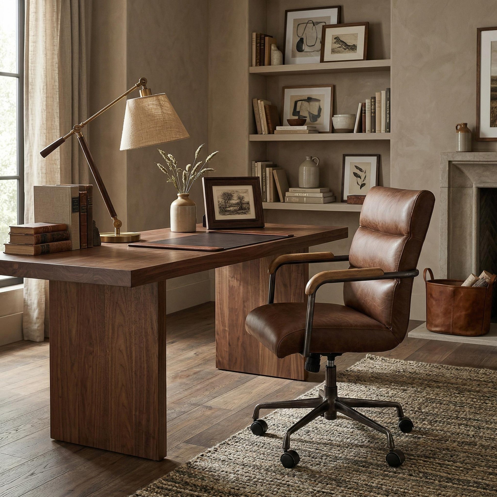 orin brown genuine leather swivel office chair in a traditional home office with a wood desk
