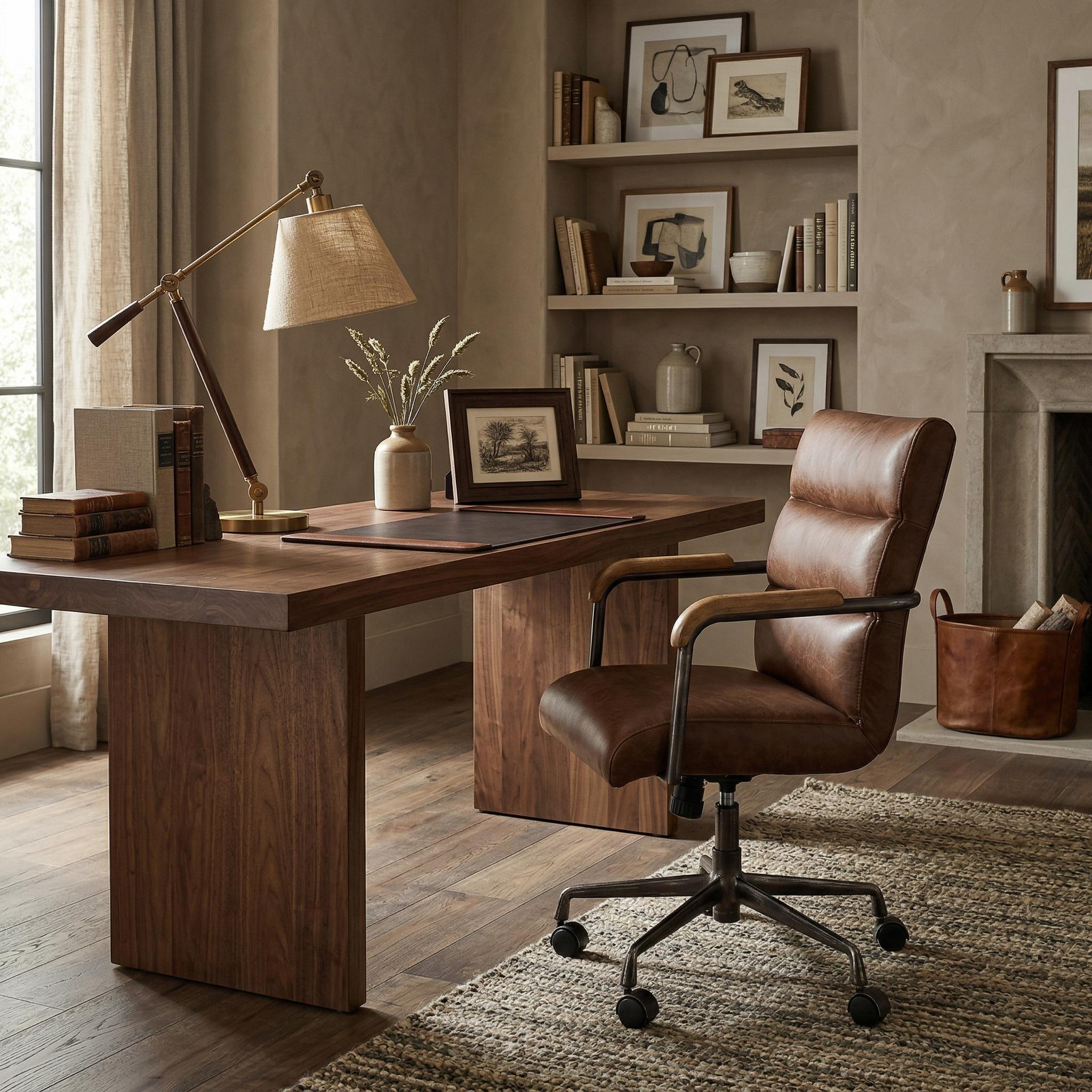 orin brown genuine leather swivel office chair in a traditional home office with a wood desk
