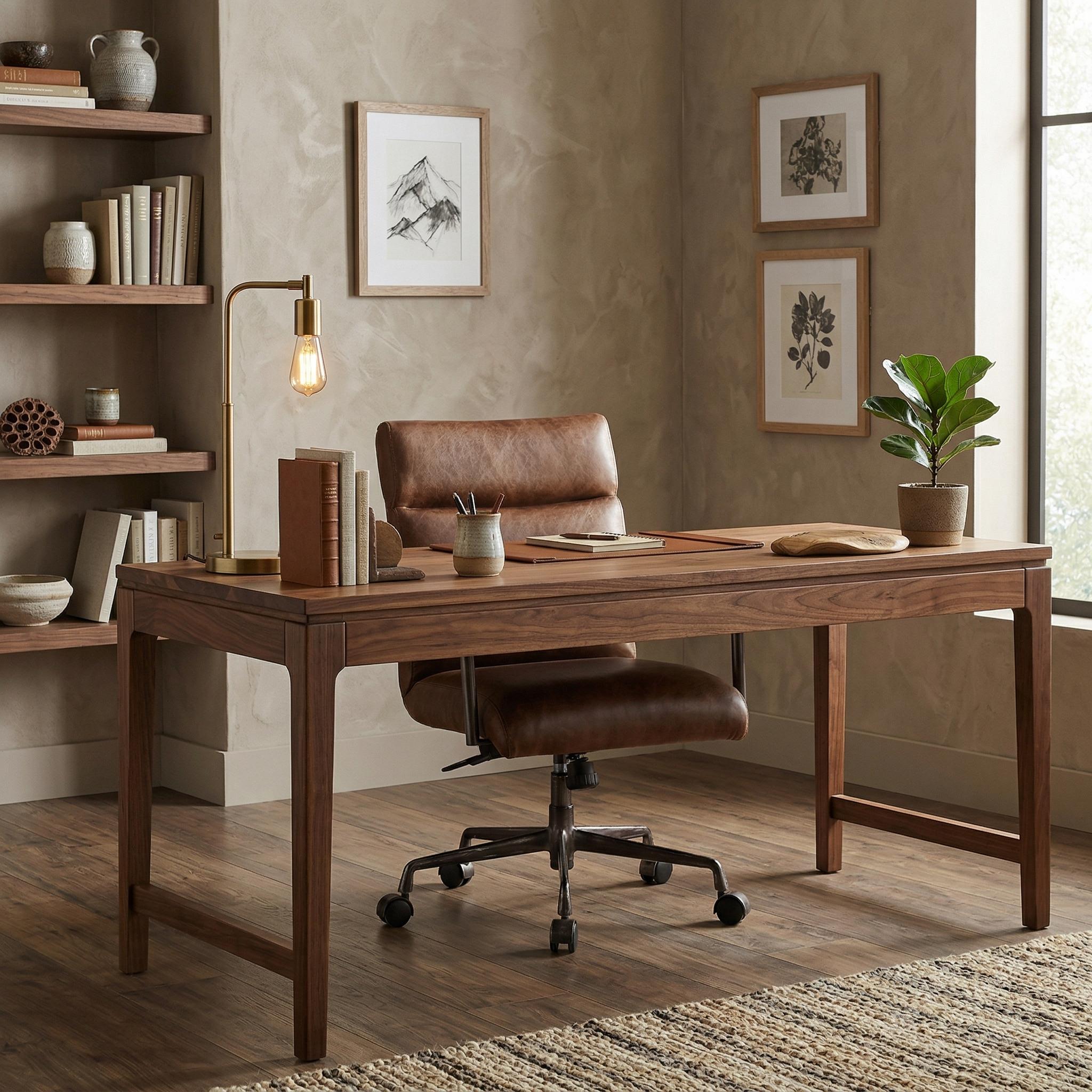 Torin brown leather swivel office chair in a warm study with wood furniture and shelves