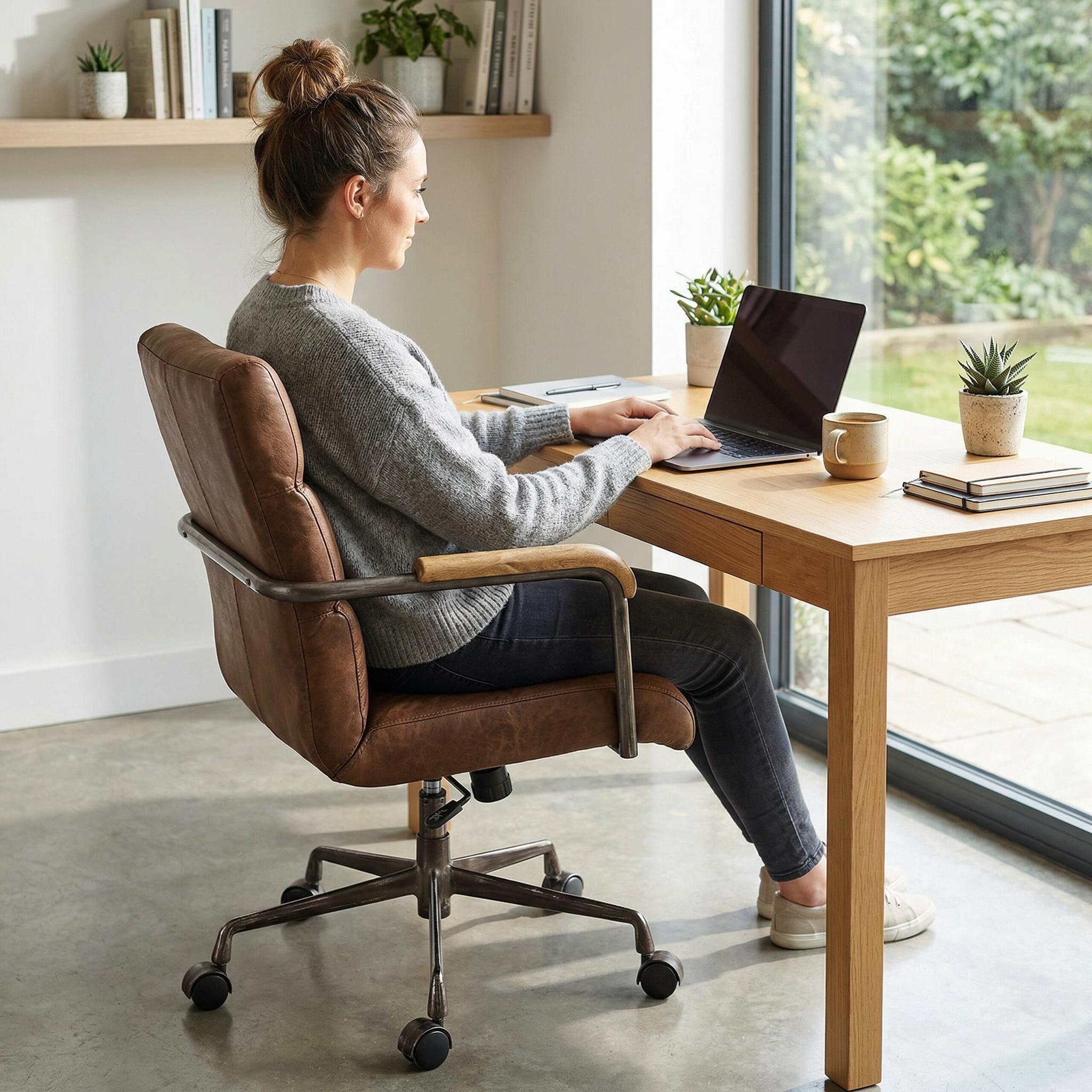 Torin brown swivel office chair in a bright workspace with window light and plants