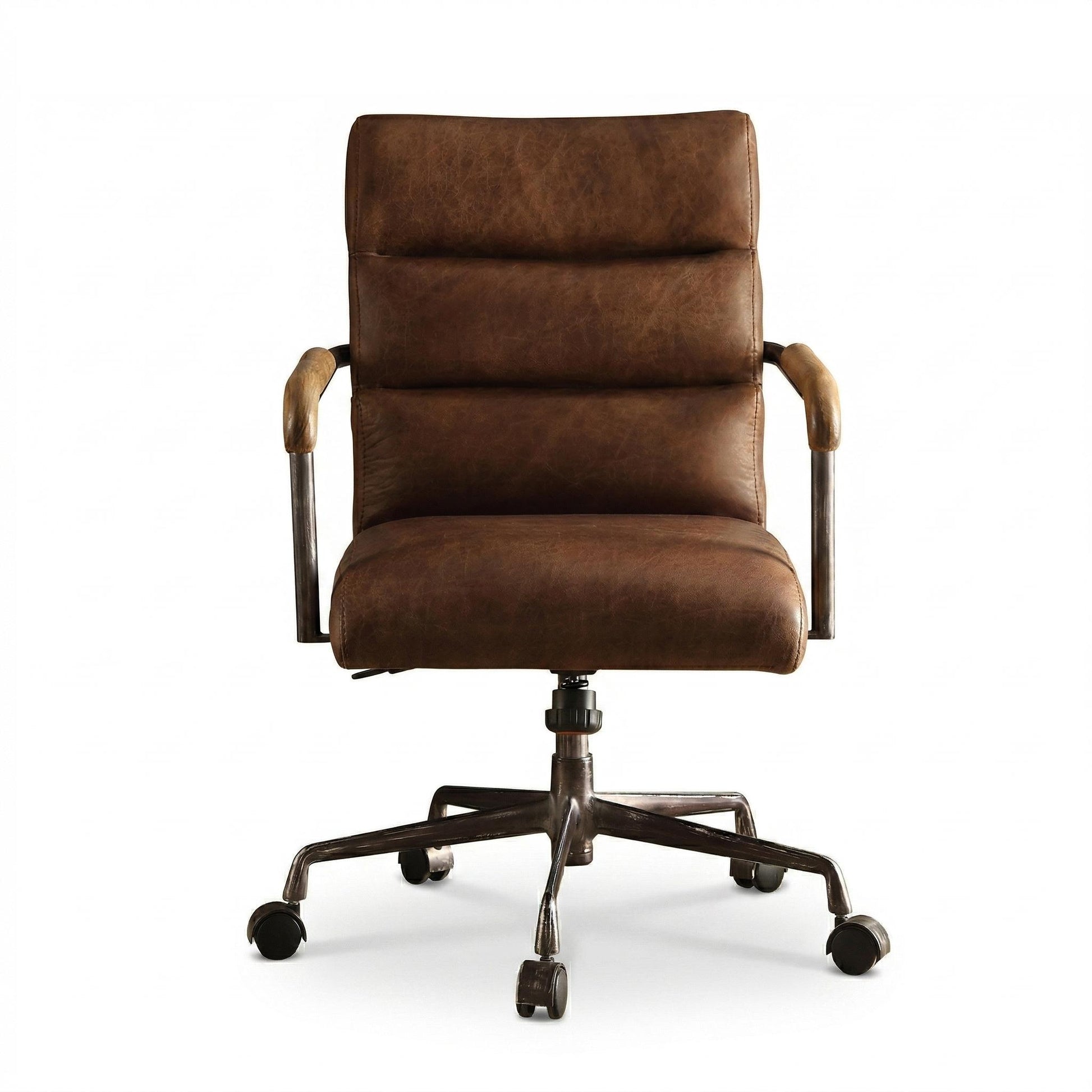 Torin brown genuine leather swivel office chair straight front view on white background