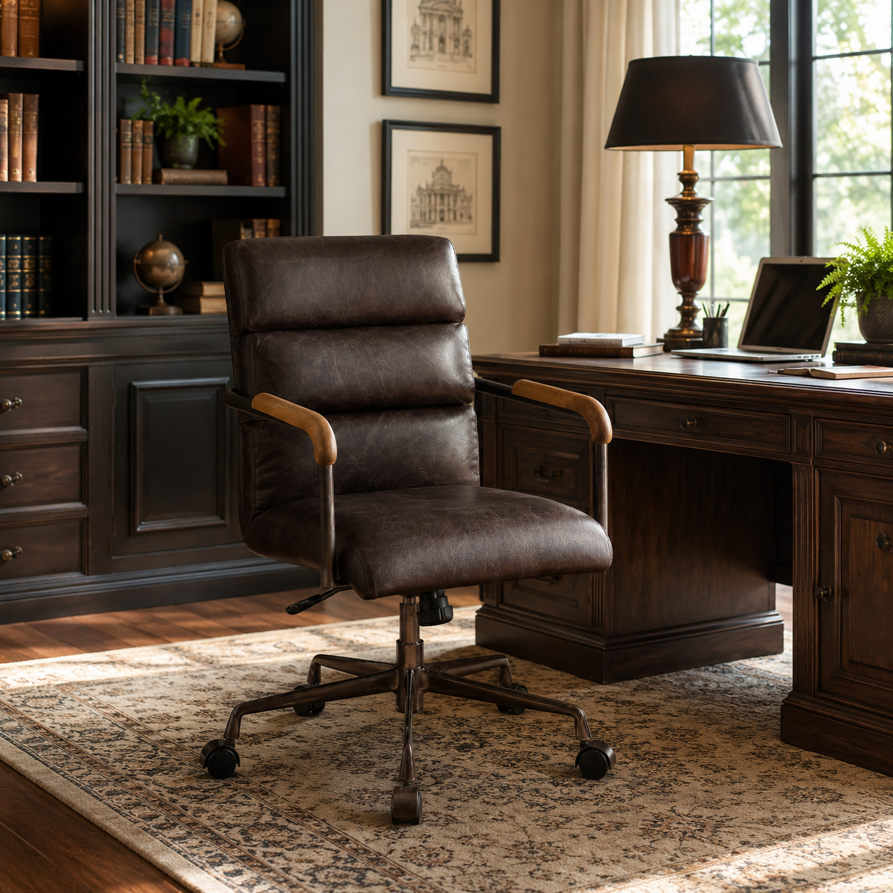 Torin dark brown genuine leather swivel office chair in a traditional home office with a wood desk
