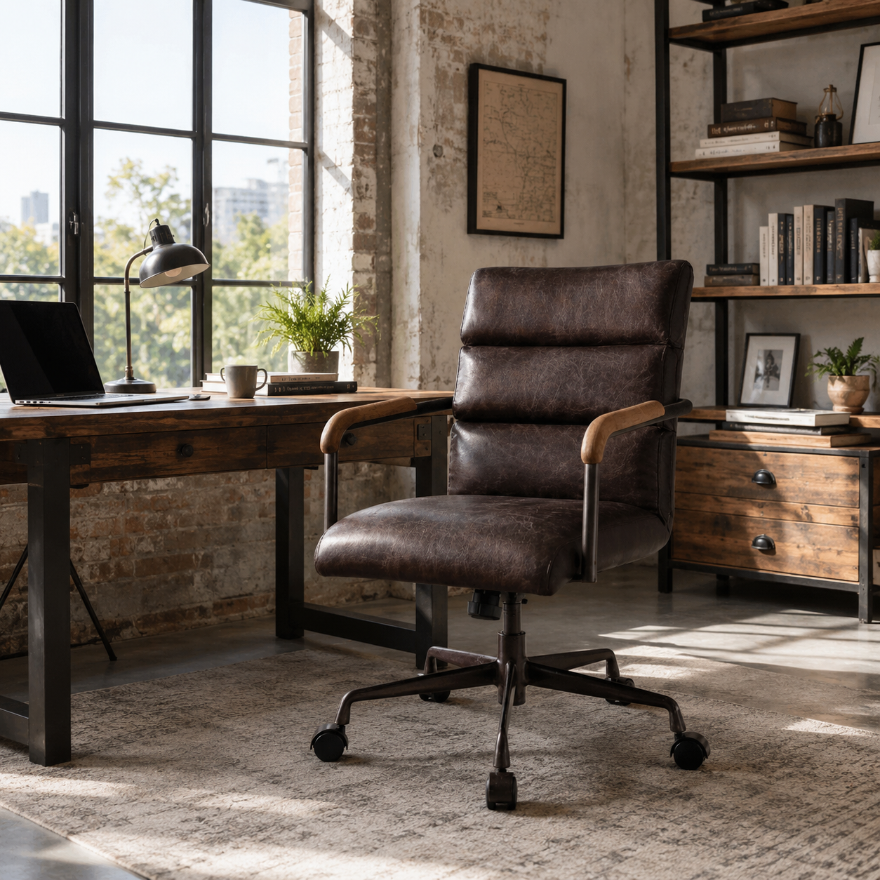 Torin dark brown leather swivel office chair in a warm study with wood furniture and shelving