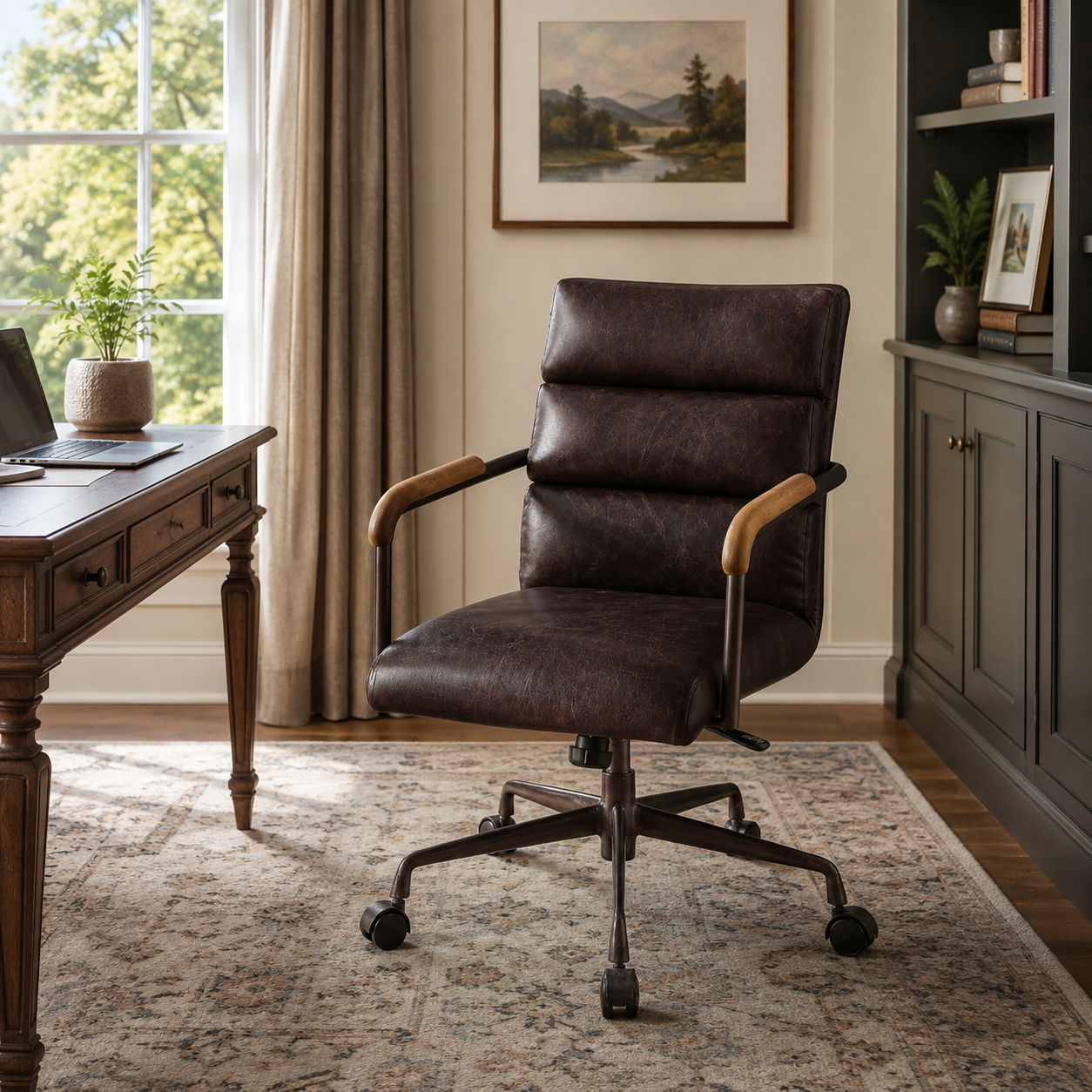 Torin dark brown genuine leather office chair at a wood desk in a cozy home office