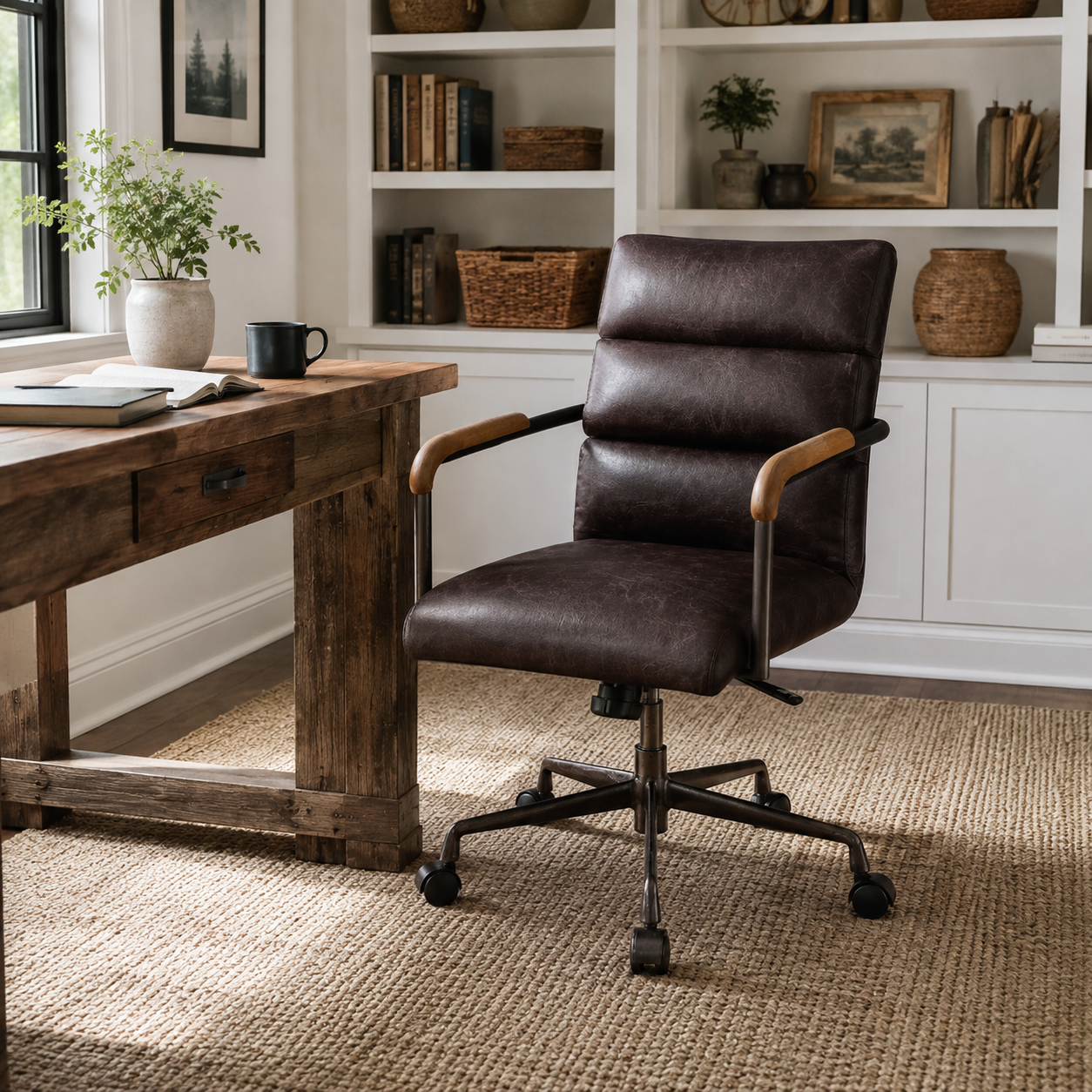 Torin dark brown swivel office chair in a bright workspace with a large window and plants