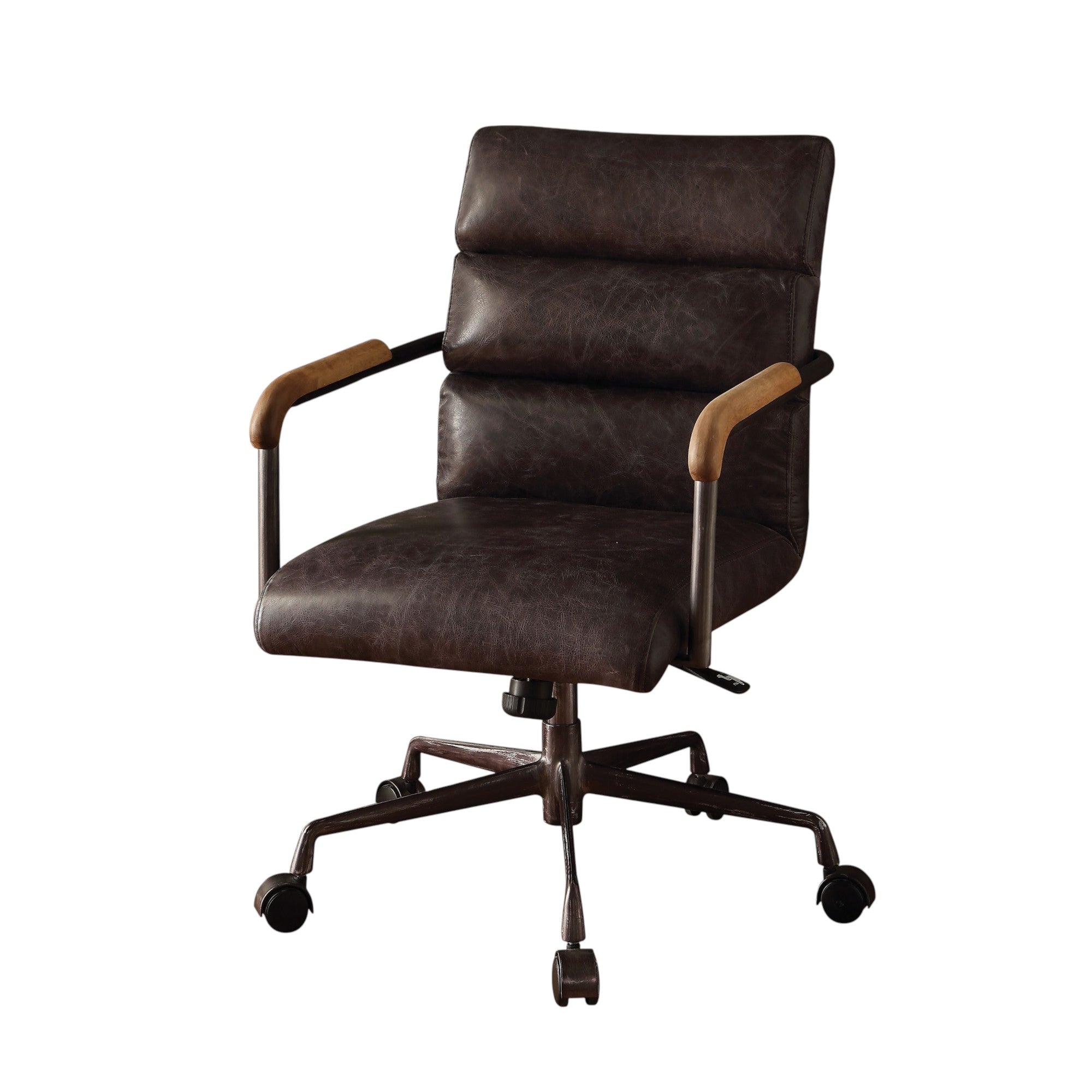Torin dark brown leather swivel office chair front angled view on white background