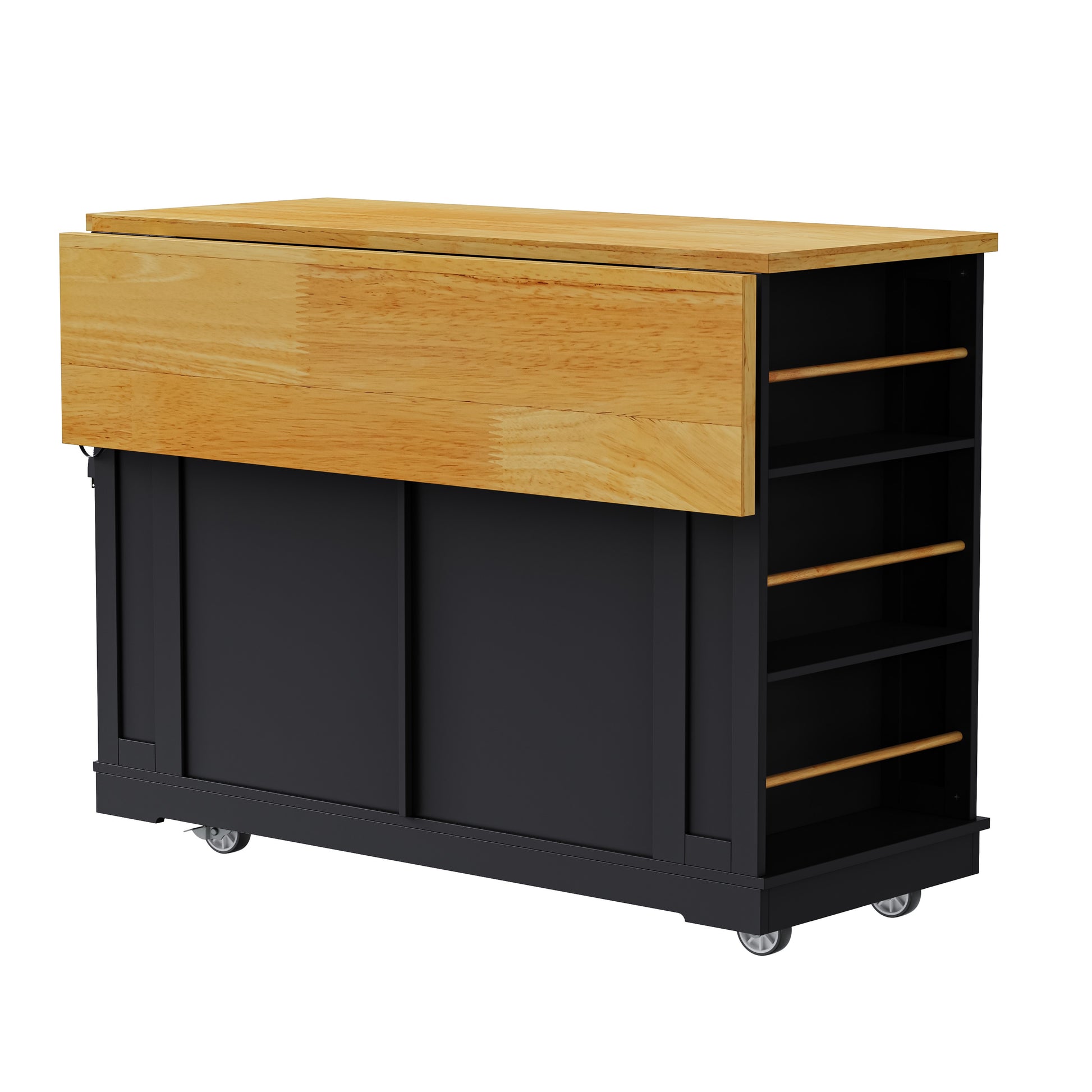 Toulouse 48 inch black rolling kitchen island with folded drop leaf countertop open side spice rack and caster wheels back view