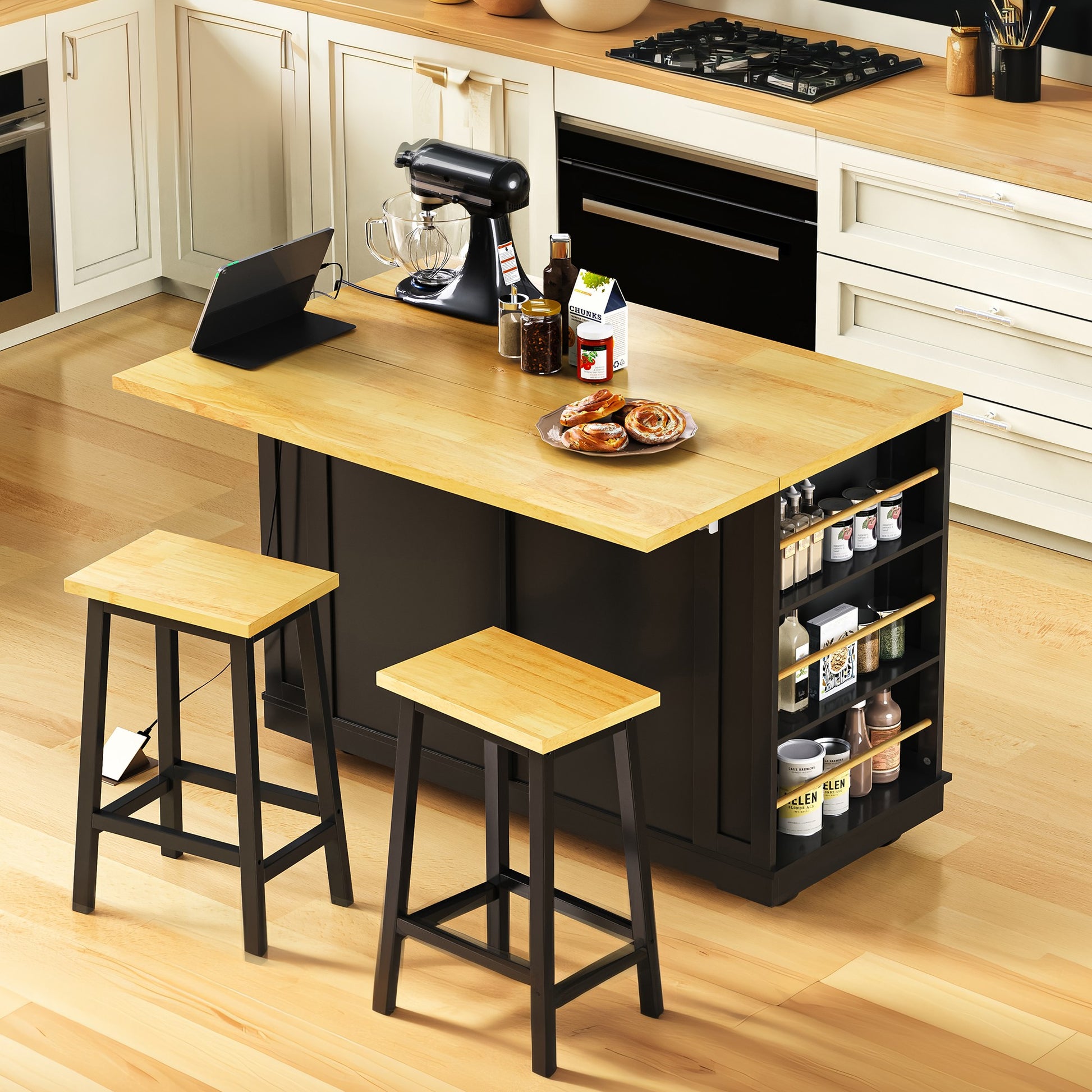 Toulouse 48 inch black rolling kitchen island with wood countertop side spice rack breakfast bar seating and multifunctional kitchen workspace scene