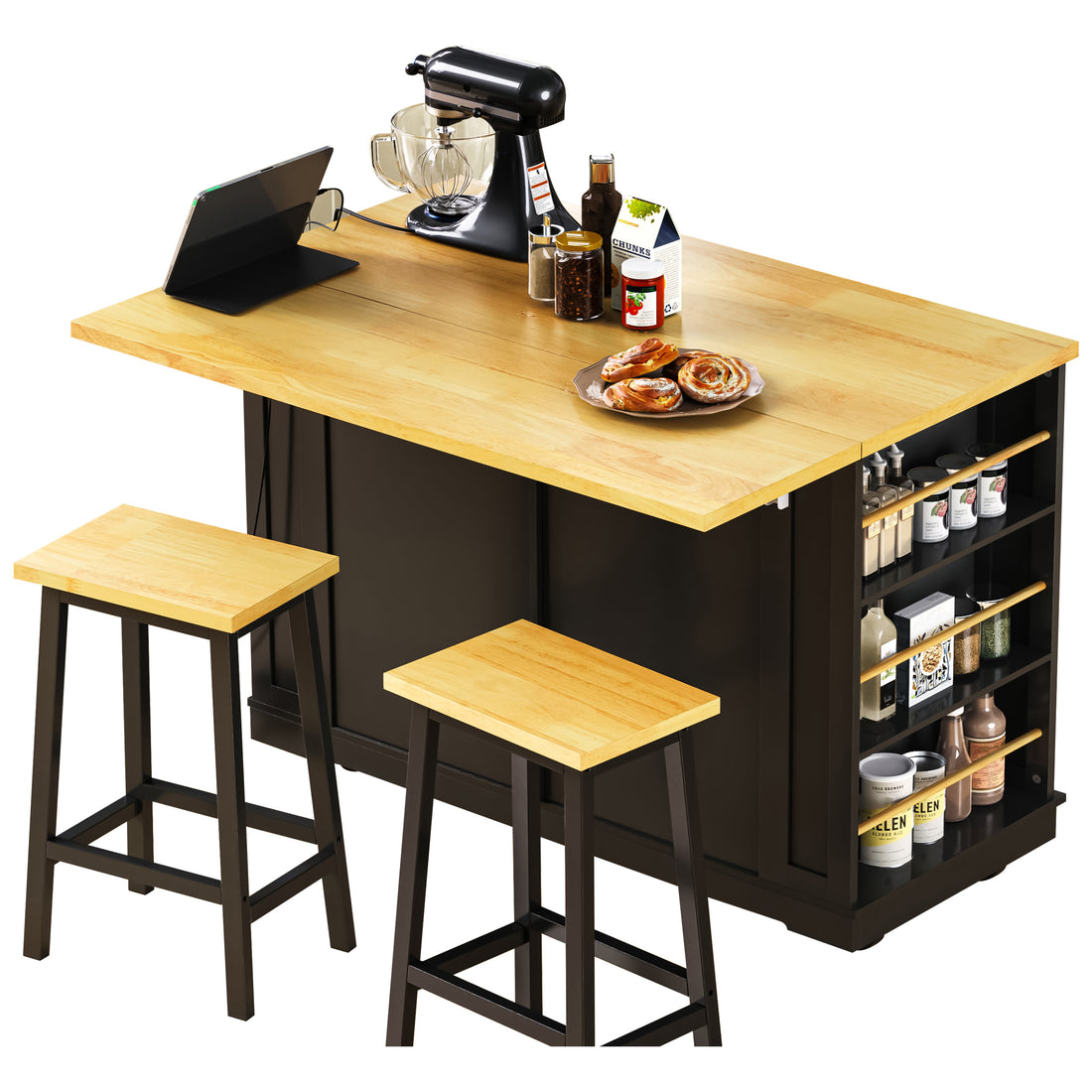 Toulouse 48 inch black rolling kitchen island with expanded drop leaf countertop side spice rack and two matching stools dining setup view