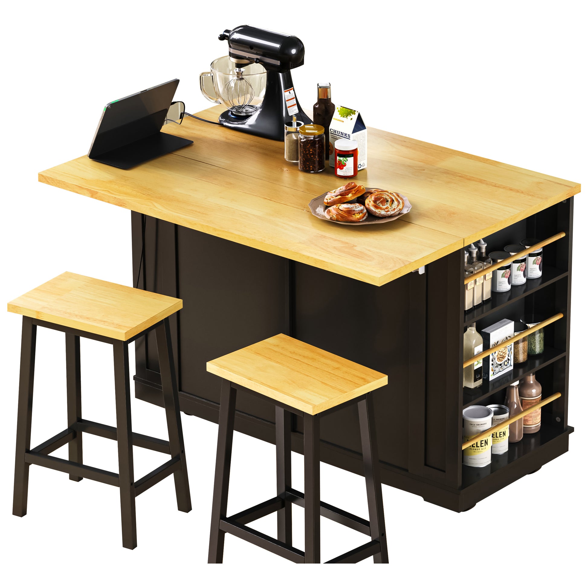 Toulouse 48 inch black rolling kitchen island with expanded drop leaf countertop side spice rack and two matching stools dining setup view