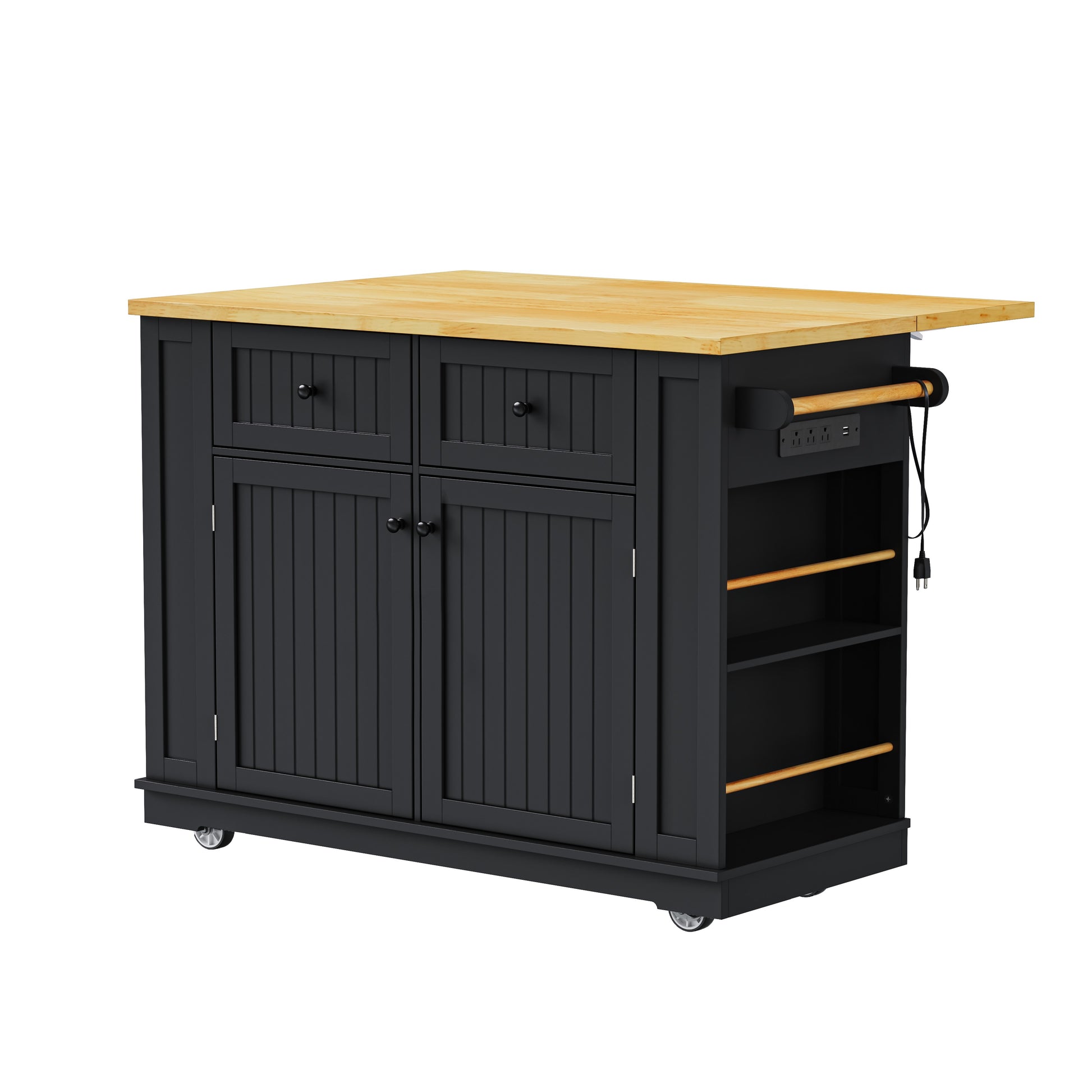 Toulouse 48 inch black rolling kitchen island with wood countertop power outlet side storage rack and caster wheels angled front view