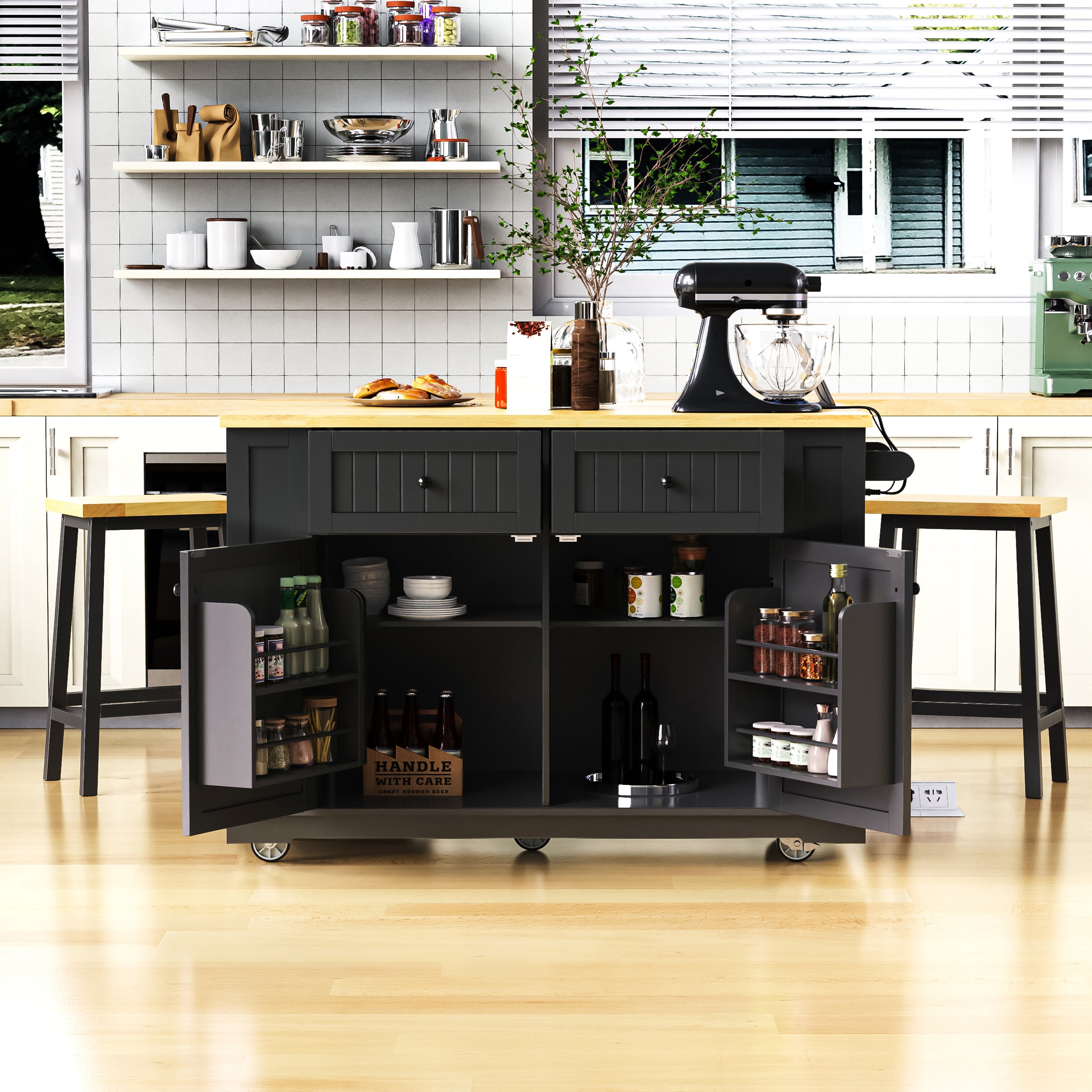 Toulouse 48 inch black rolling kitchen island with open cabinet storage spice racks drawers and built in power outlet in modern kitchen setting