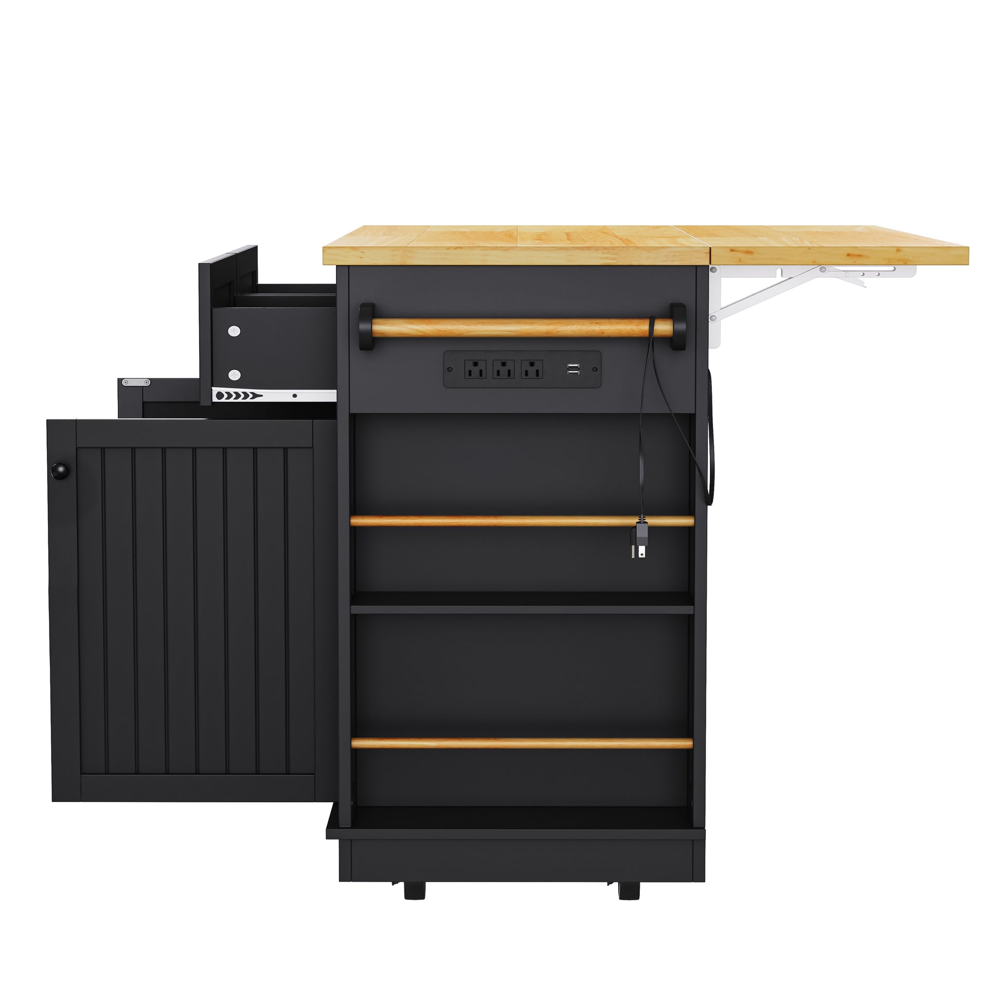 Toulouse 48 inch black rolling kitchen island with expandable drop leaf built in power outlet side storage shelves and towel bar side view