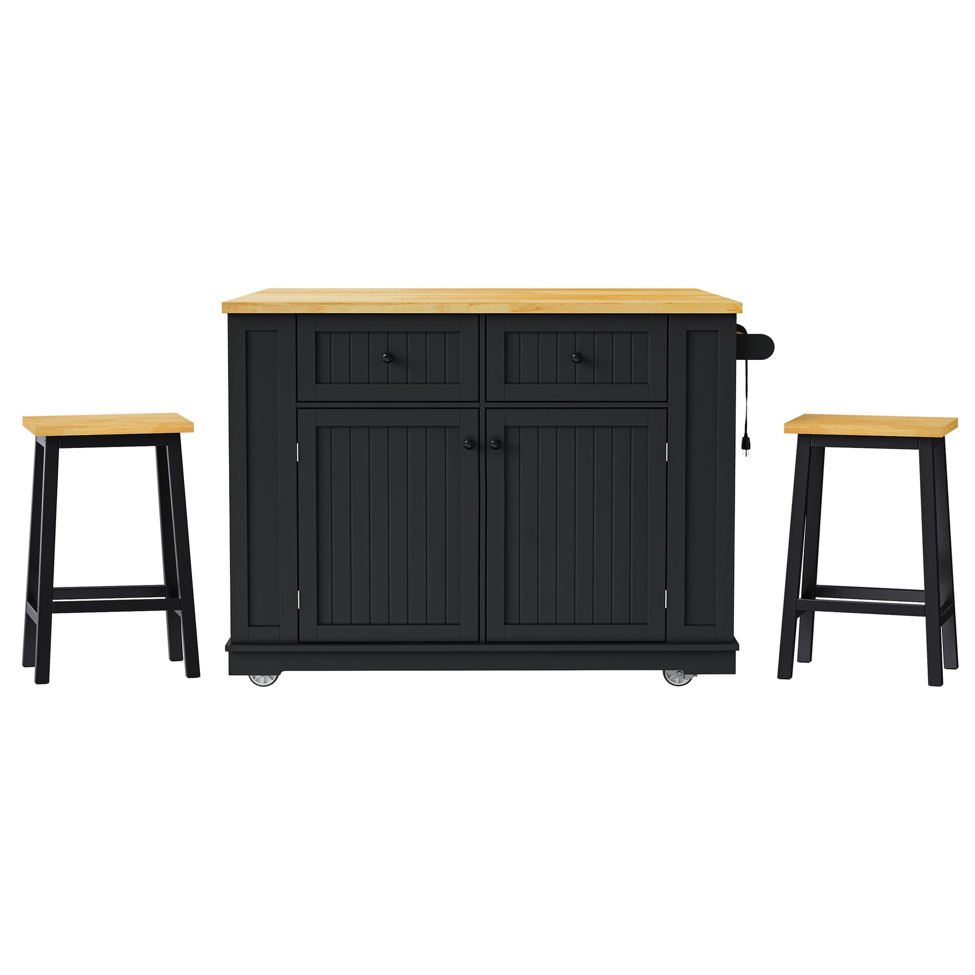Toulouse 48 inch black rolling kitchen island with wood top storage cabinet power outlet and two matching stools front view