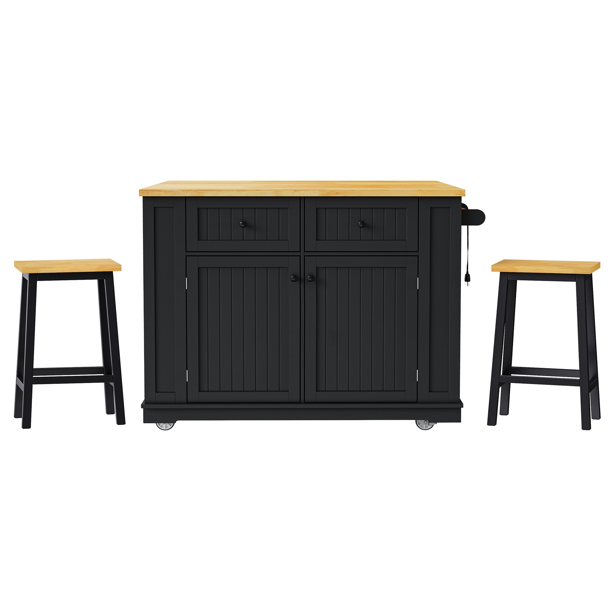 Toulouse 48 inch black rolling kitchen island with wood top storage cabinet power outlet and two matching stools front view