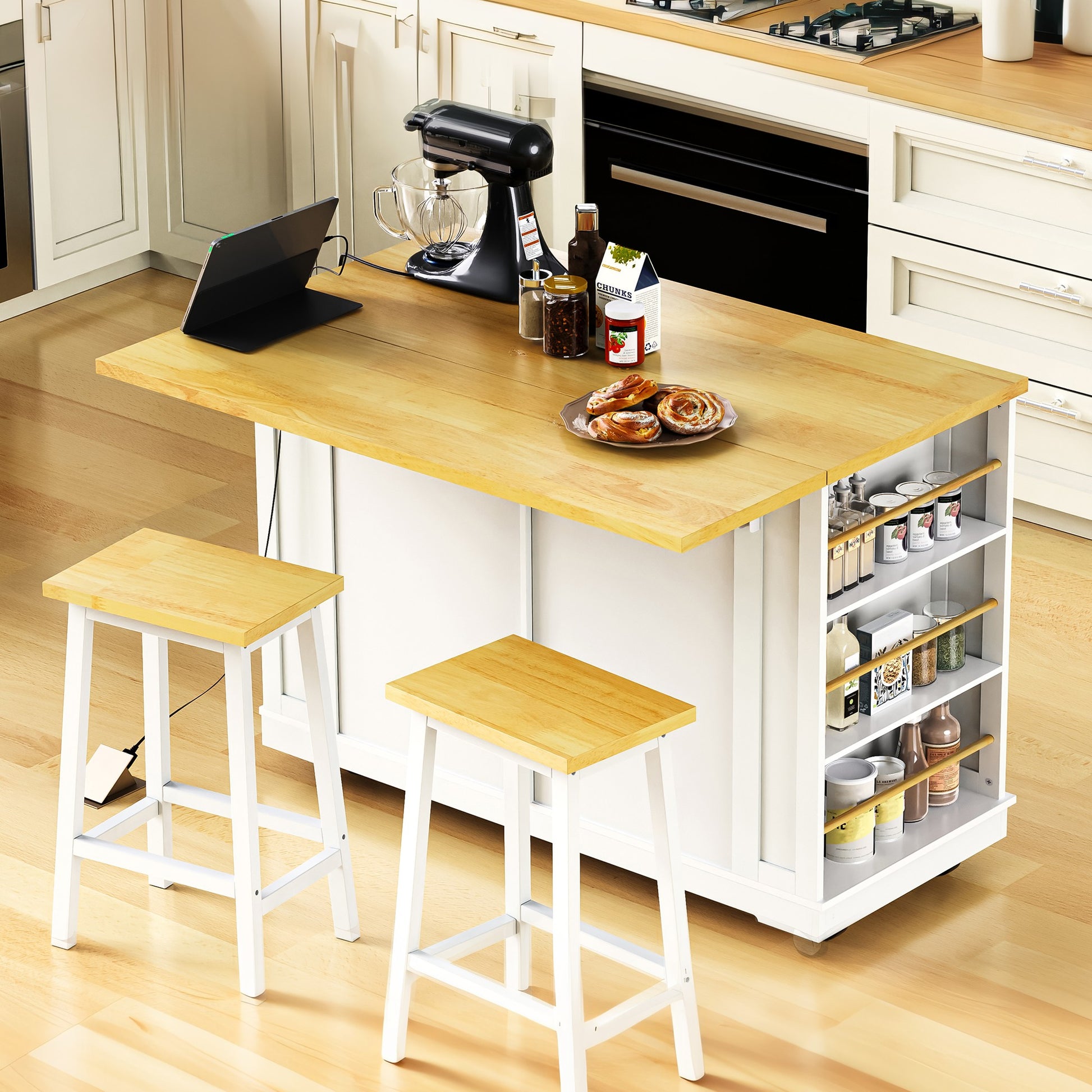 Toulouse 48 inch white rolling kitchen island with extended countertop breakfast bar seating open side spice shelves and multifunctional kitchen workspace scene