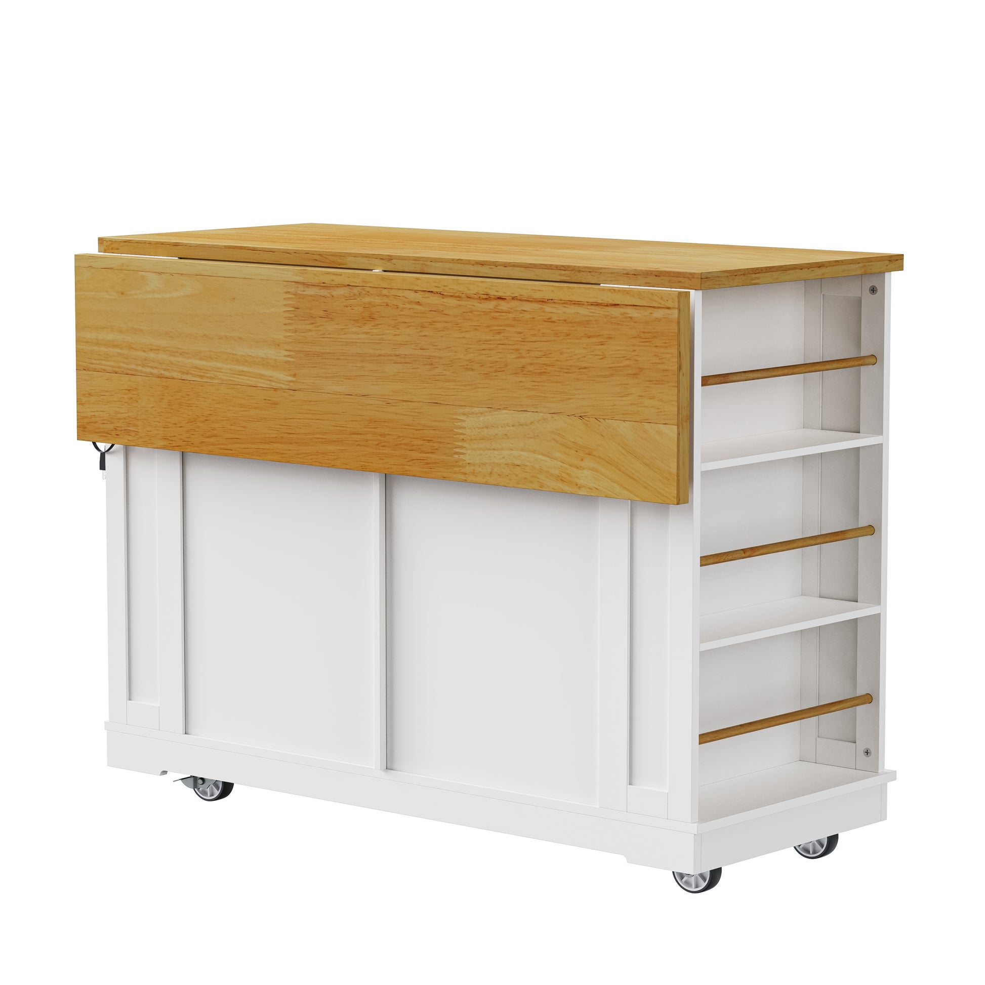 Toulouse 48 inch white rolling kitchen island with folded drop leaf countertop open side spice rack and caster wheels back view