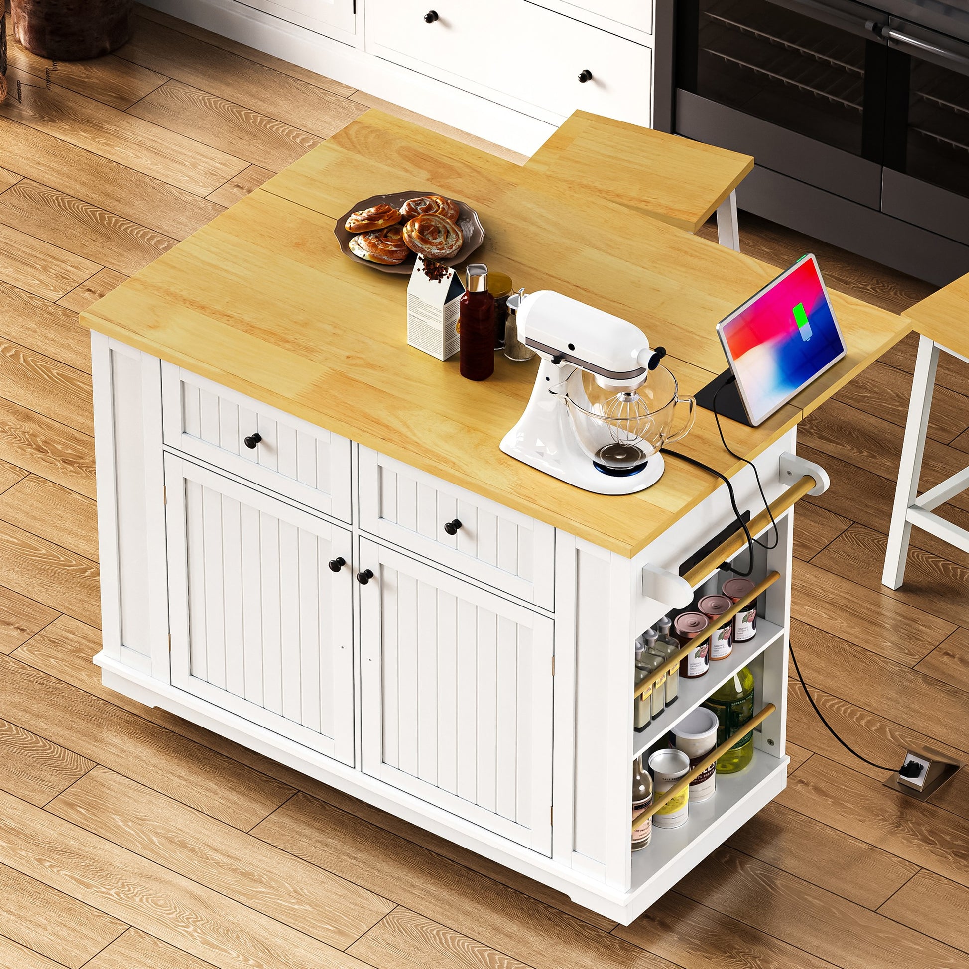 Toulouse 48 inch white rolling kitchen island top view with expandable drop leaf countertop built in power outlet side spice rack and prep workspace design