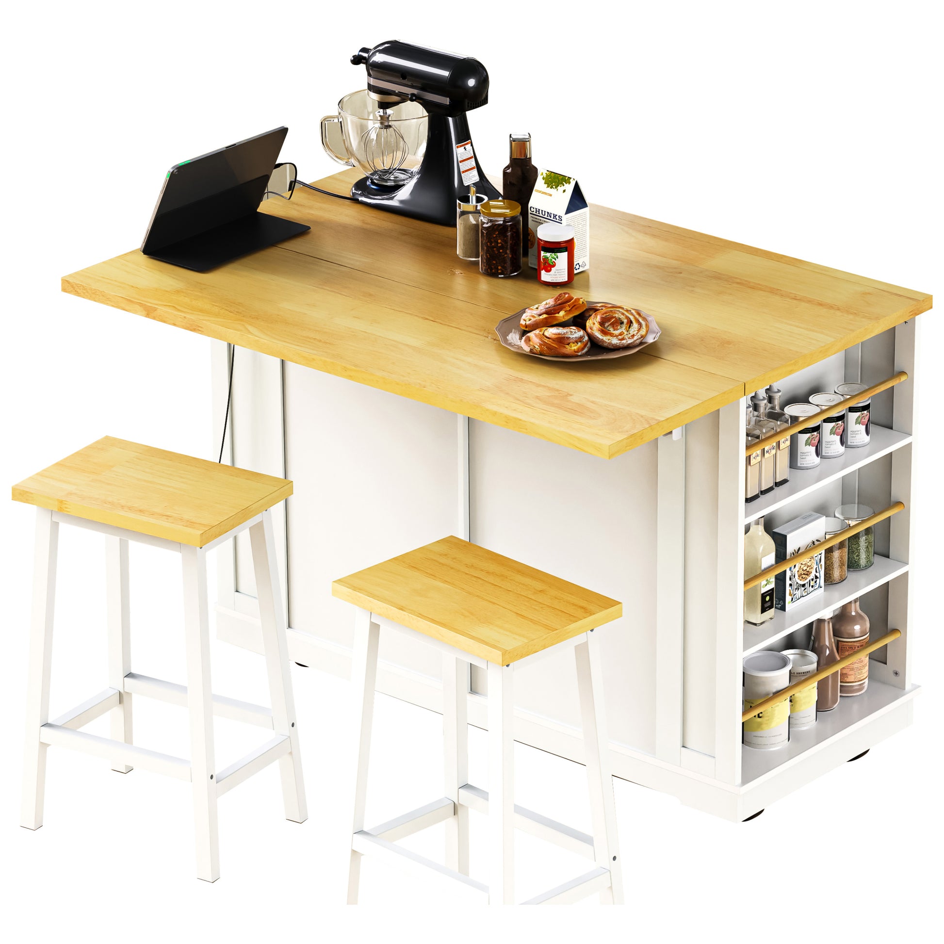 Toulouse 48 inch white rolling kitchen island with expanded drop leaf countertop side spice rack and two matching stools dining setup view
