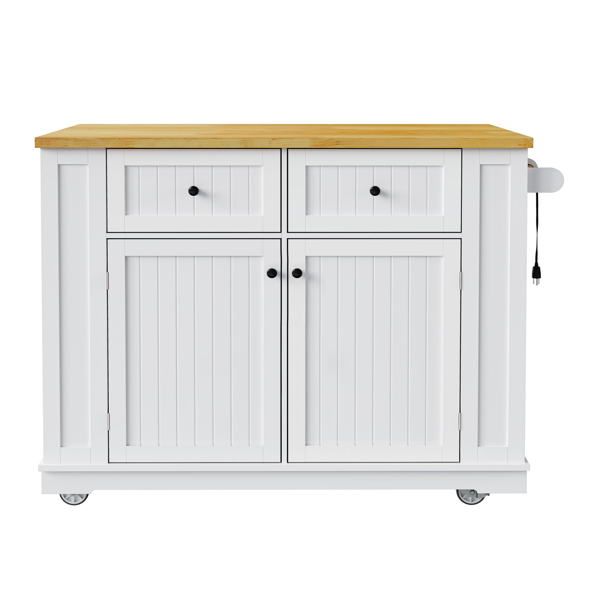 Toulouse 48 inch white rolling kitchen island with wood countertop double drawers cabinet storage and caster wheels front view