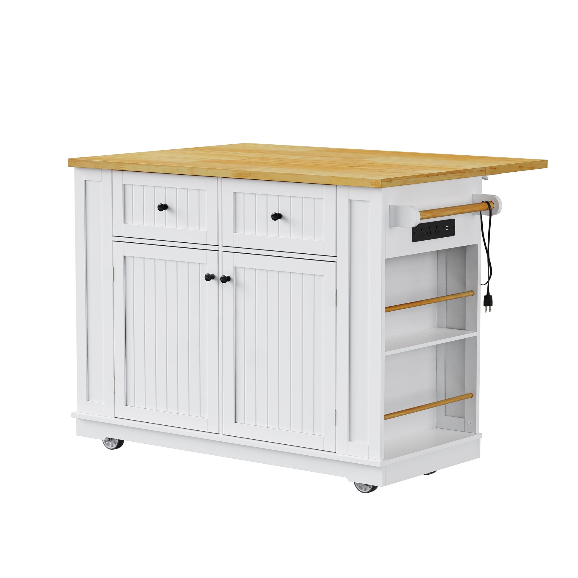 Toulouse 48 inch white rolling kitchen island with wood countertop power outlet and side spice rack used for meal preparation in modern kitchen scene