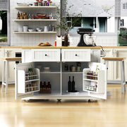 Toulouse 48 inch white rolling kitchen island with open cabinet storage spice racks wood countertop caster wheels and kitchen prep scene