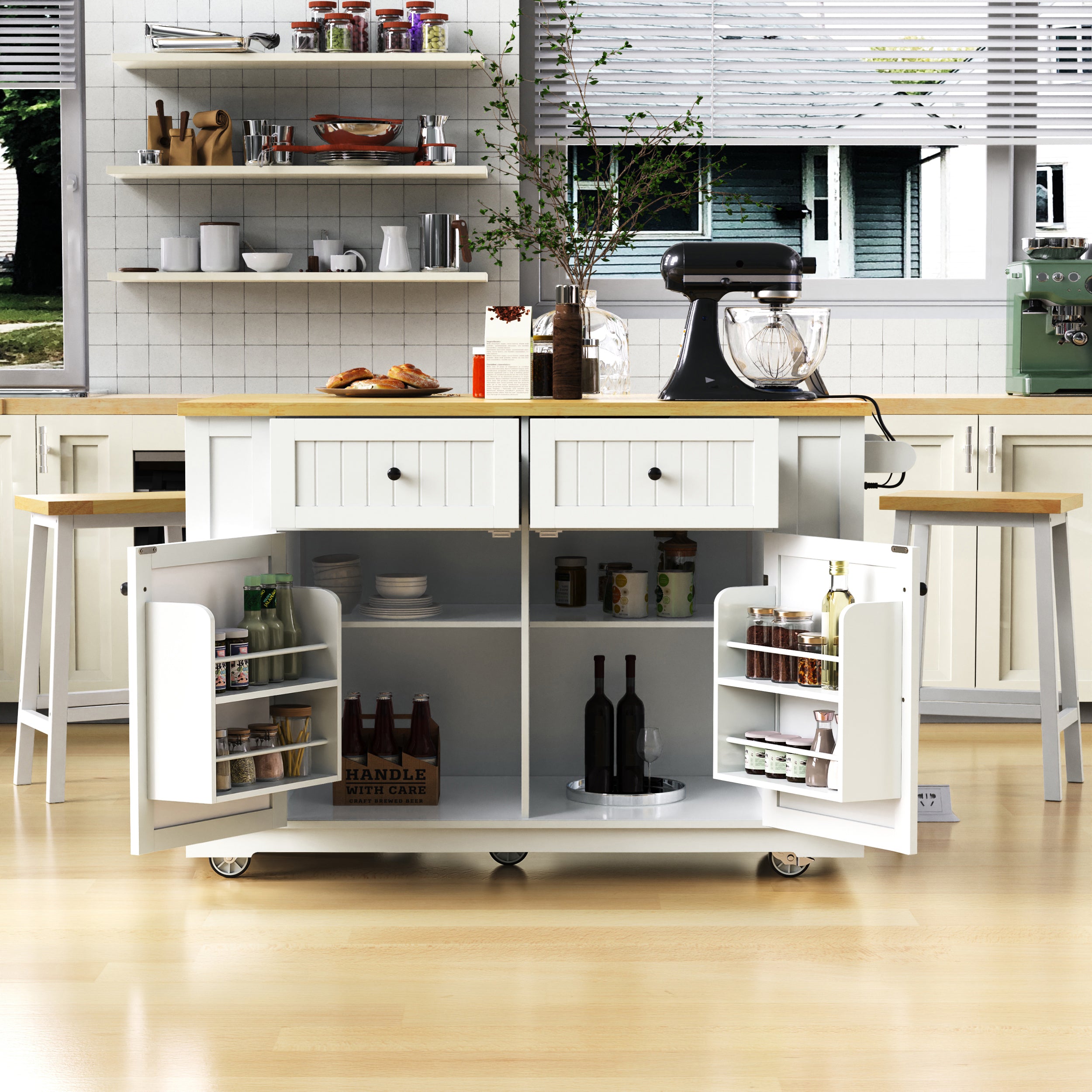 Toulouse 48 inch white rolling kitchen island with open cabinet storage spice racks wood countertop caster wheels and kitchen prep scene