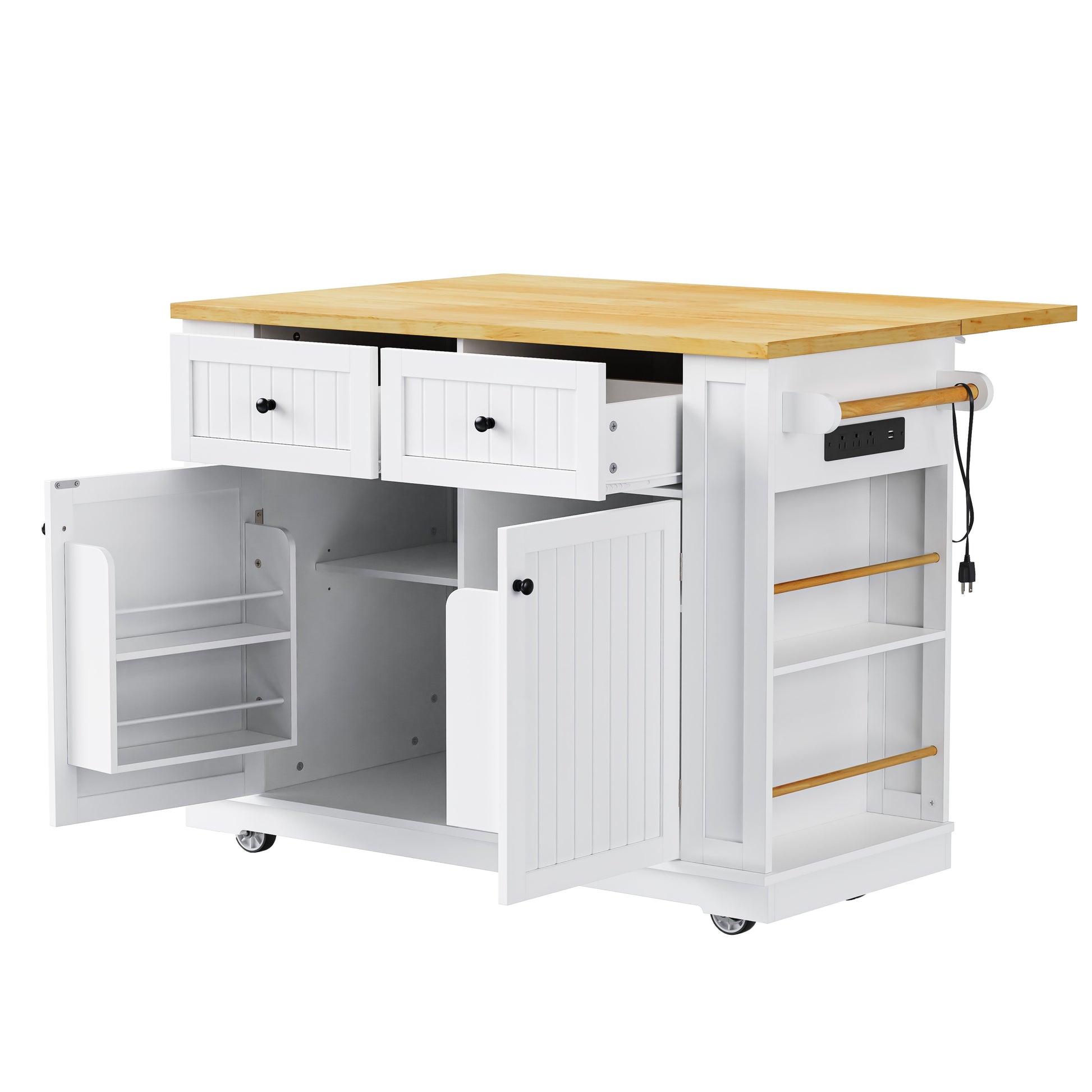 Toulouse 48 inch white rolling kitchen island with open cabinet storage drawers side spice rack and built in power outlet angled view