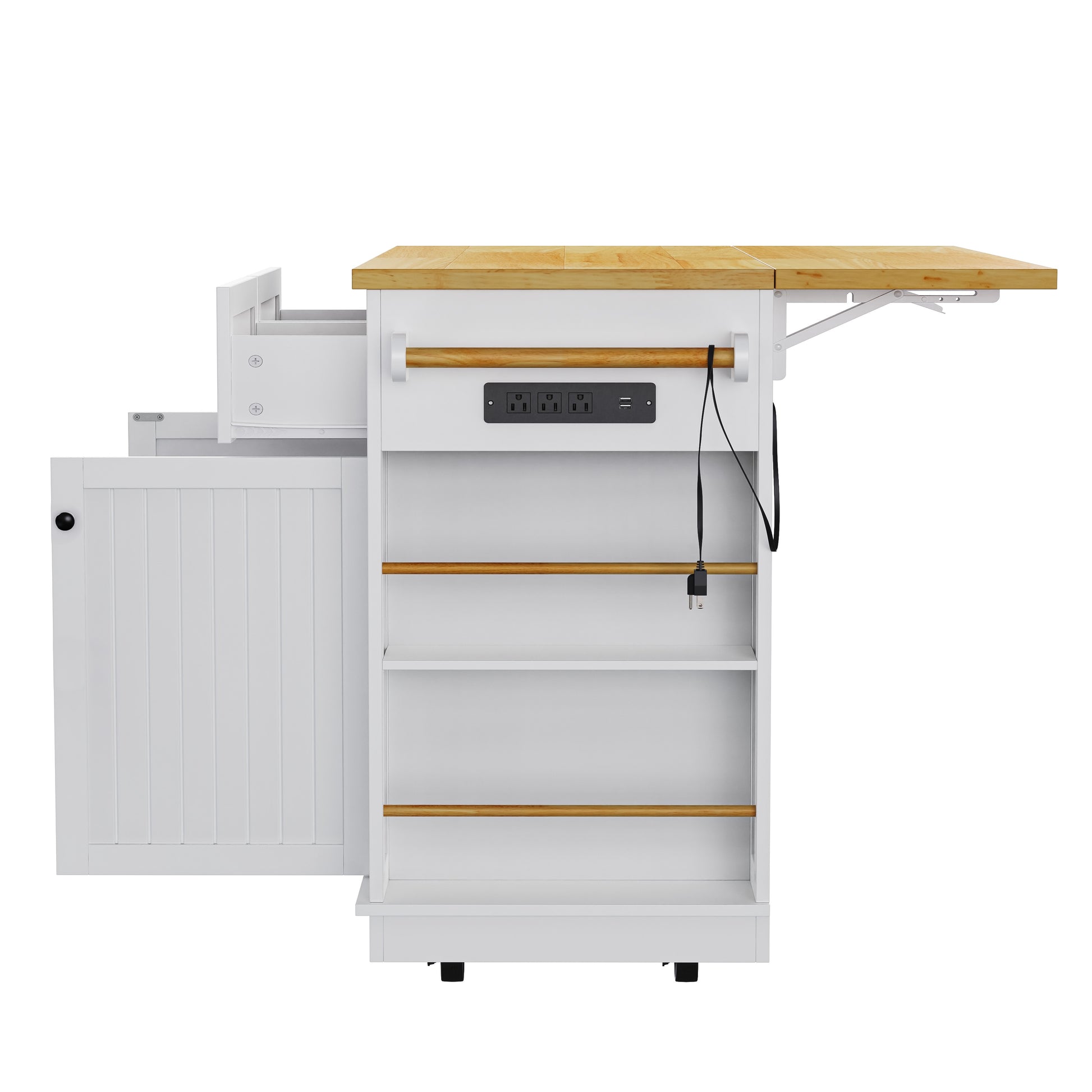 Toulouse 48 inch white rolling kitchen island with expandable drop leaf built in power outlet side storage shelves and towel bar side view