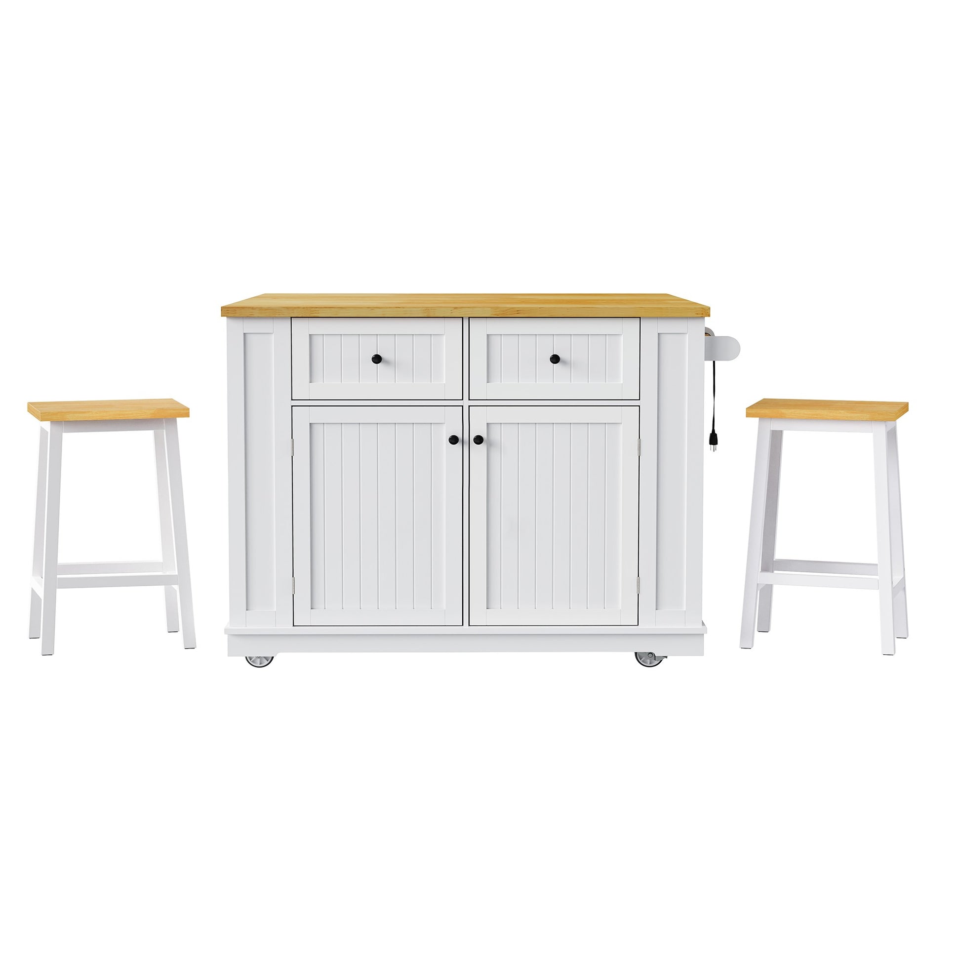 Toulouse 48 inch white rolling kitchen island with wood top storage cabinet power outlet and two matching stools front view