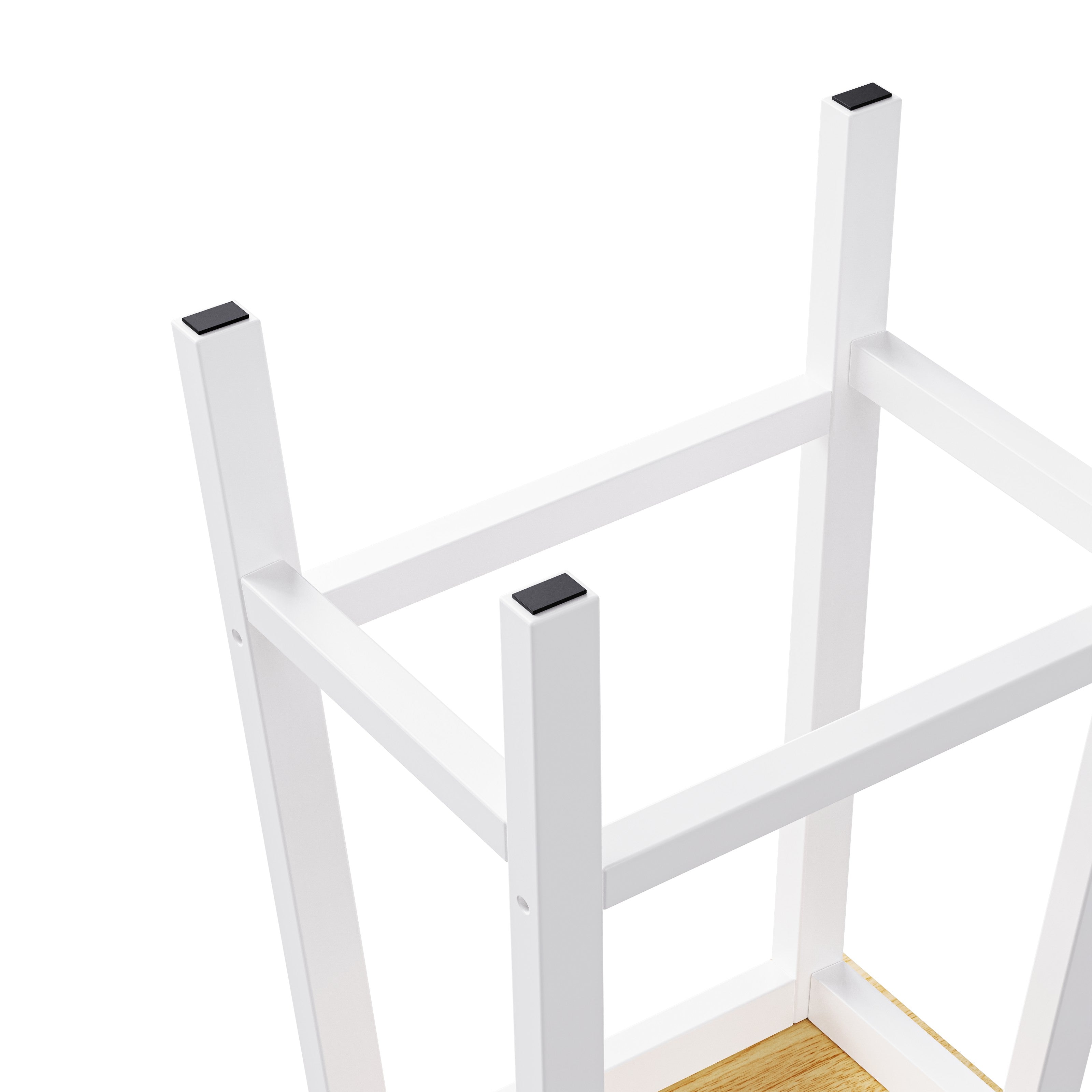 Close up of Toulouse matching white counter stool frame with built in footrest and protective floor pads detail