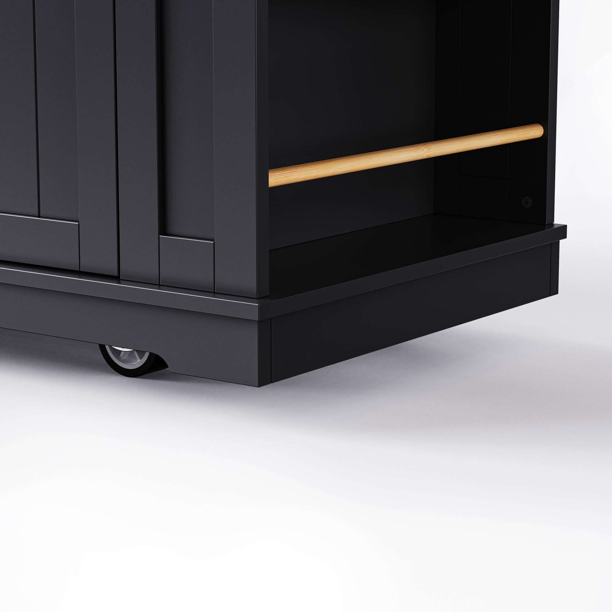 Close up of Toulouse black rolling kitchen island bottom side storage shelf with wood rail and caster wheel base detail