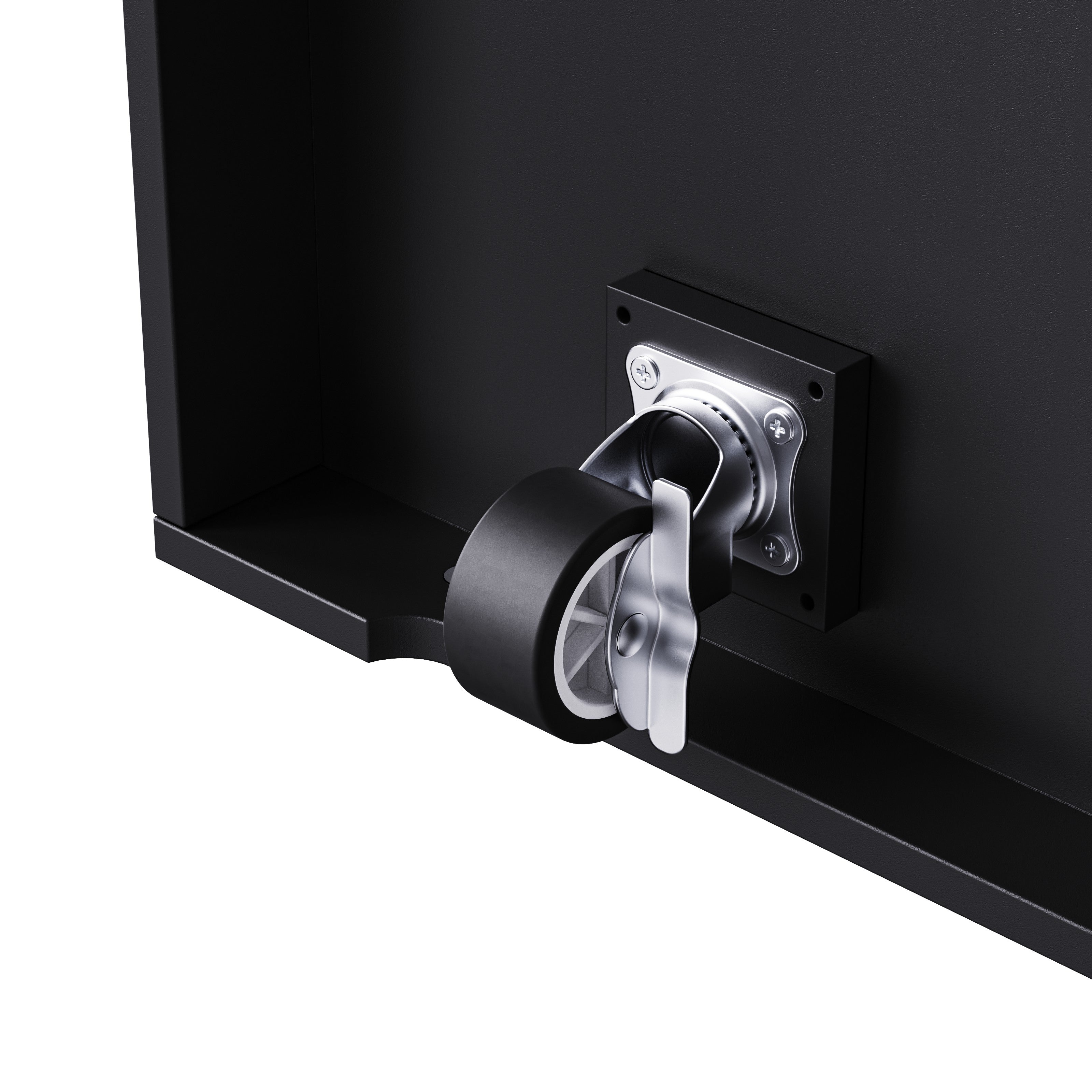 Close up of Toulouse black rolling kitchen island lockable caster wheel with smooth mobility and secure positioning detail