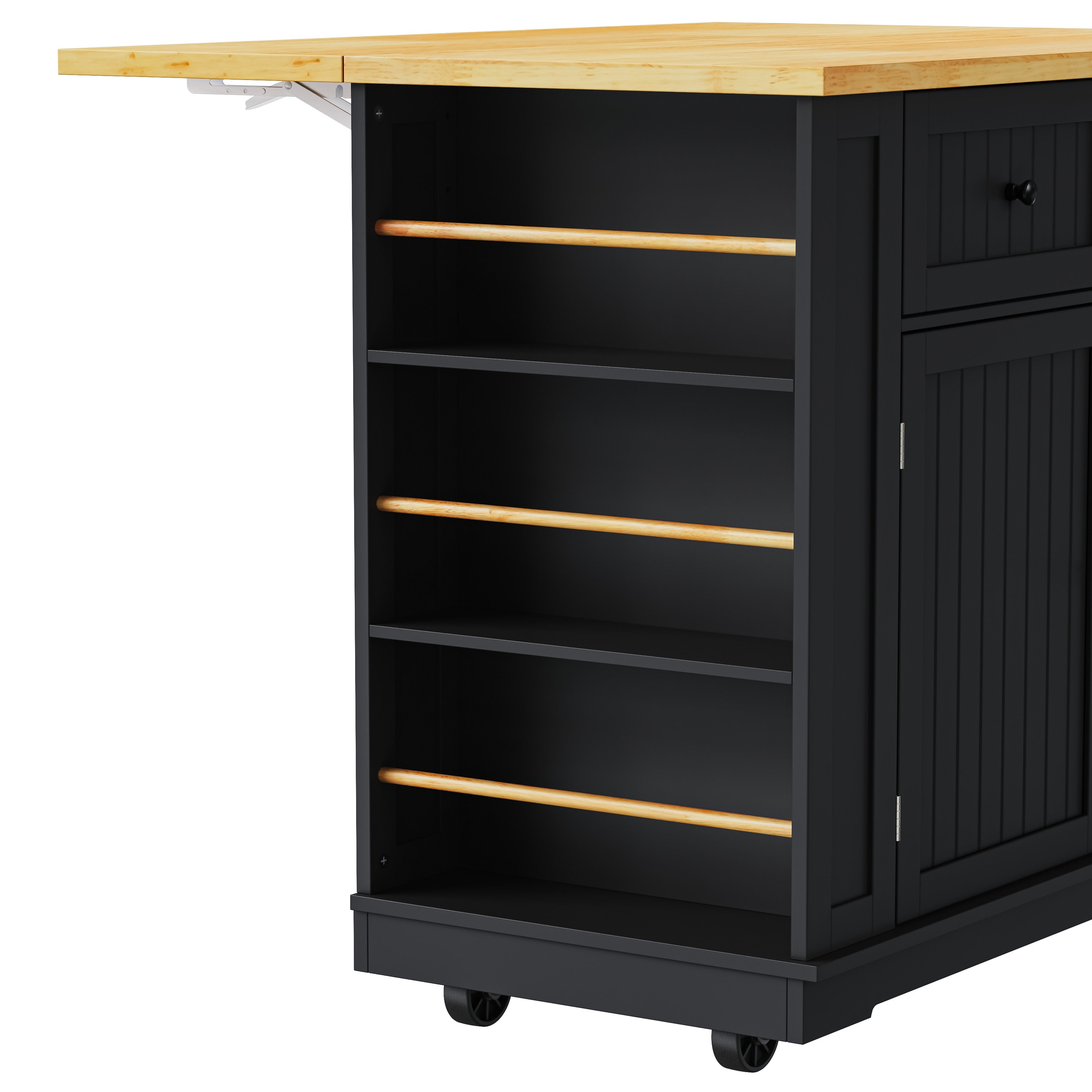 Close up of Toulouse black rolling kitchen island open side spice rack shelves with wood rails and expandable drop leaf countertop detail
