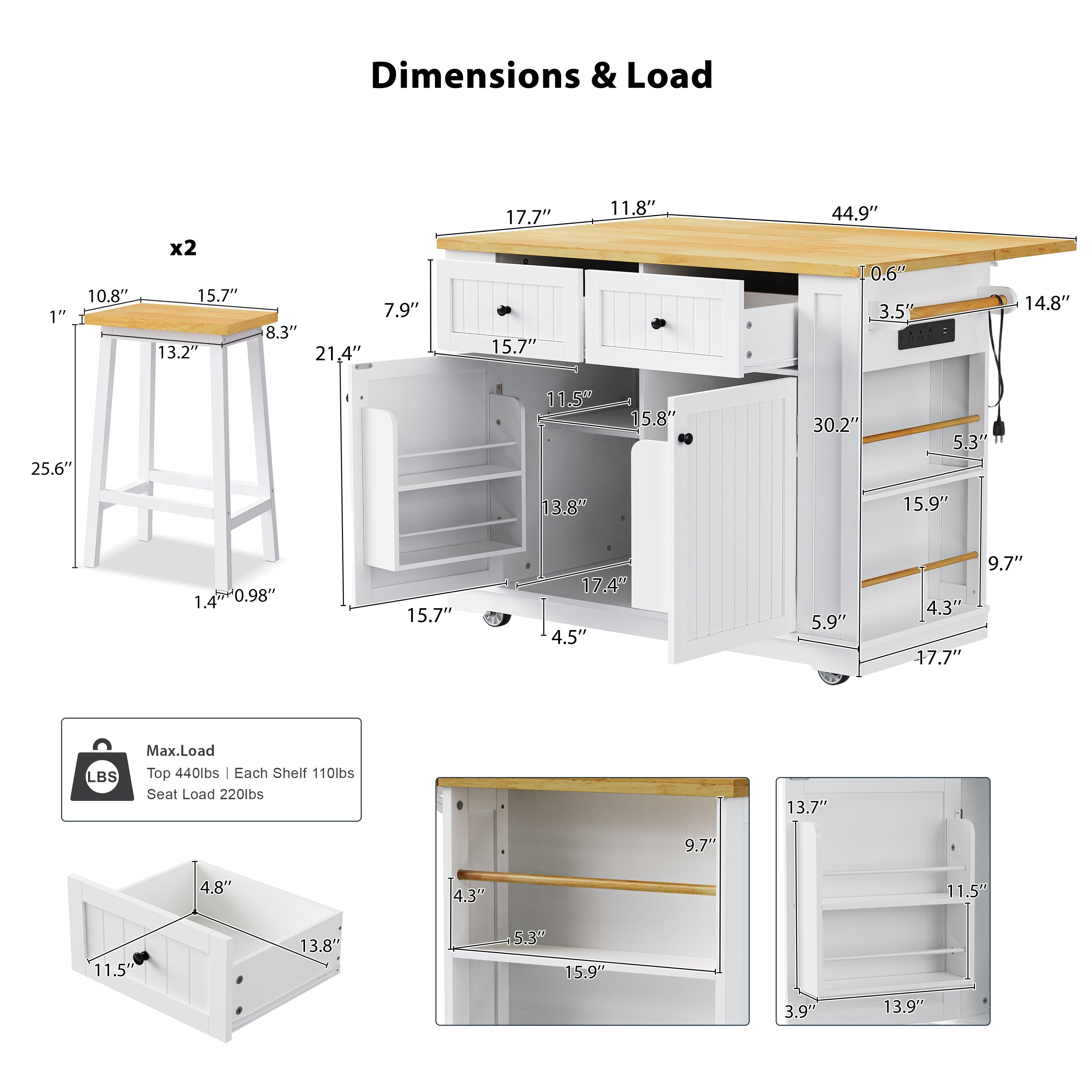 Dimensions and load capacity chart for Toulouse rolling kitchen island with drop leaf countertop storage cabinet side shelves and matching stools set in white finish