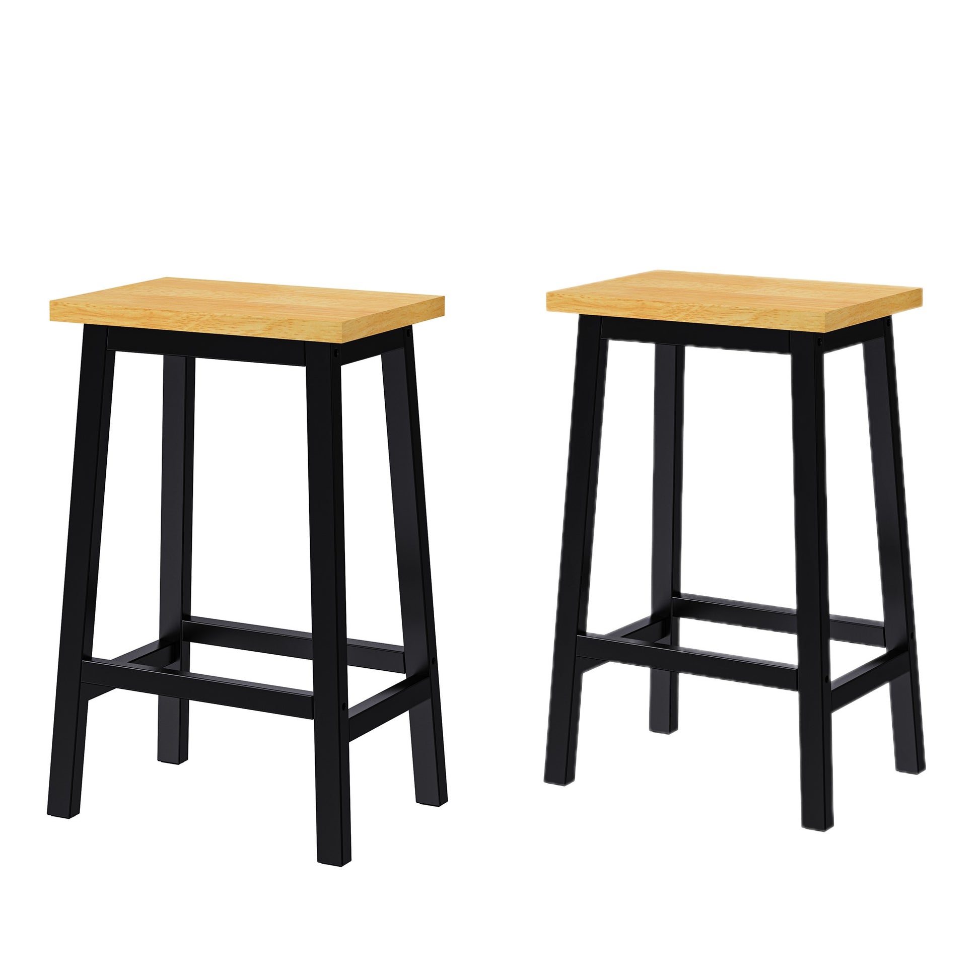 Matching black counter height stools with wood seats for Toulouse rolling kitchen island set of 2 front view